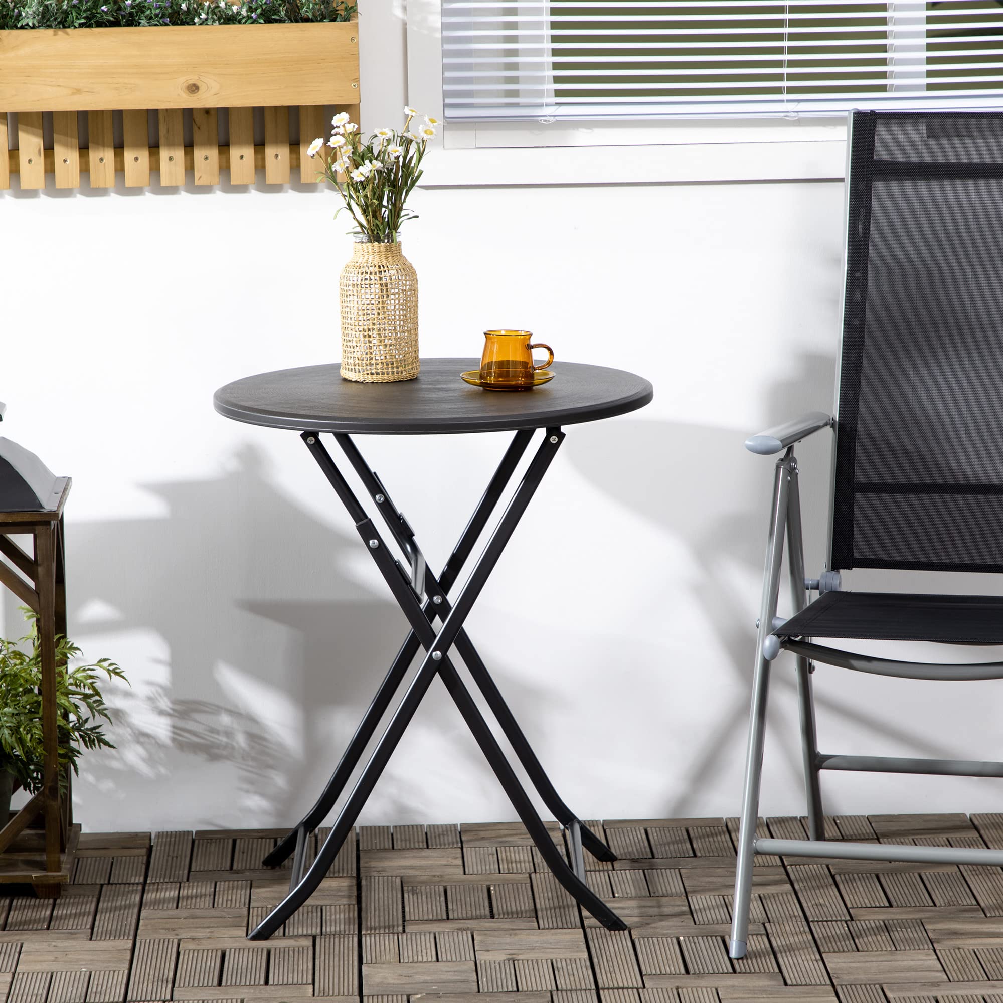 Outsunny Table Basse extérieure pour 2 Personnes, Table de Jardin Ronde avec Plateau en HDPE et Structure en Acier, pour Balcon, Patio, terrasse, Ø 60 x 73H cm, Gris foncé