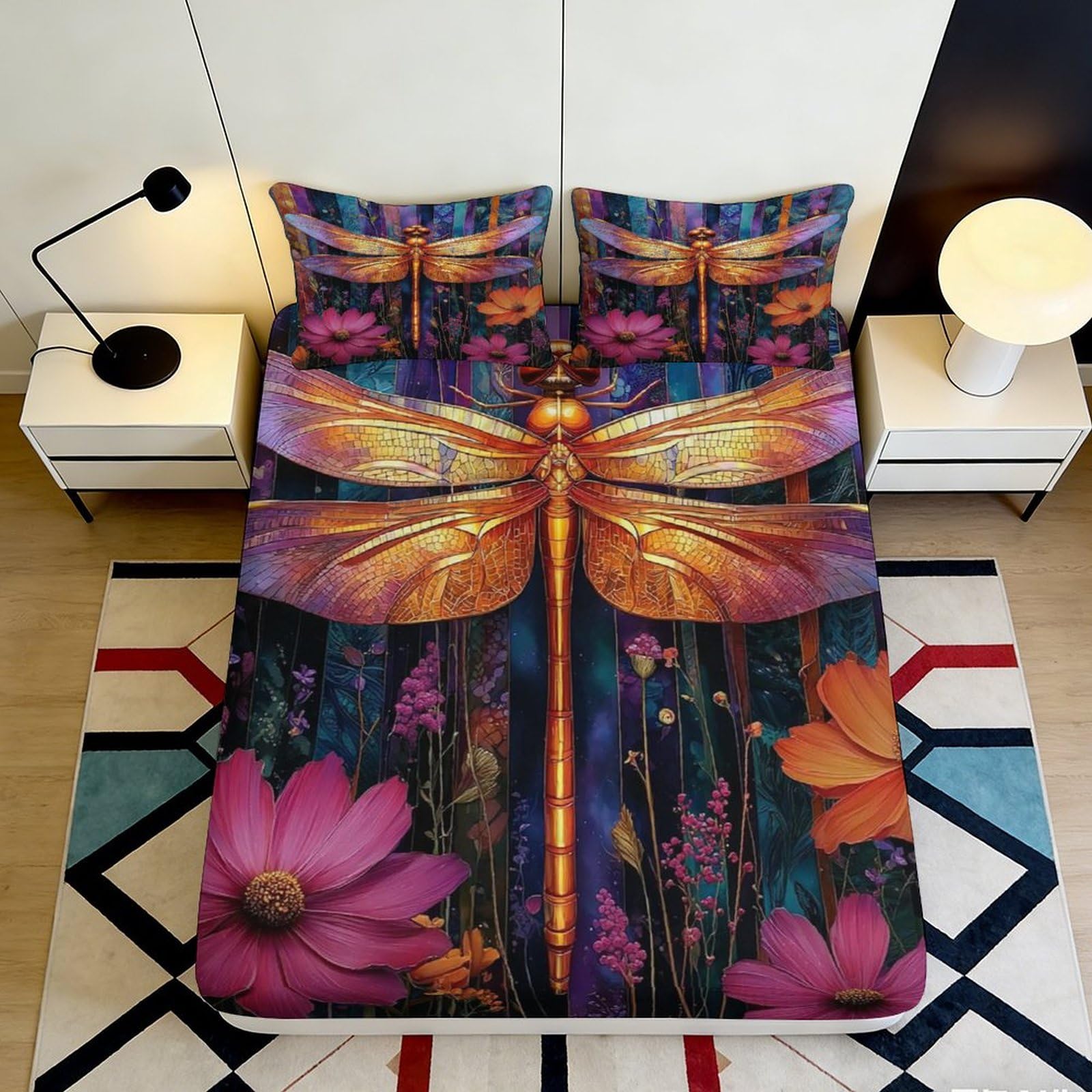 Pnayamiorkfel Style-5 3D Printed Golden Dragonfly Fitted Sheet Microfiber Floral Mattress Cover Bedroom Decor Dustproof Washable 90X200x25cm
