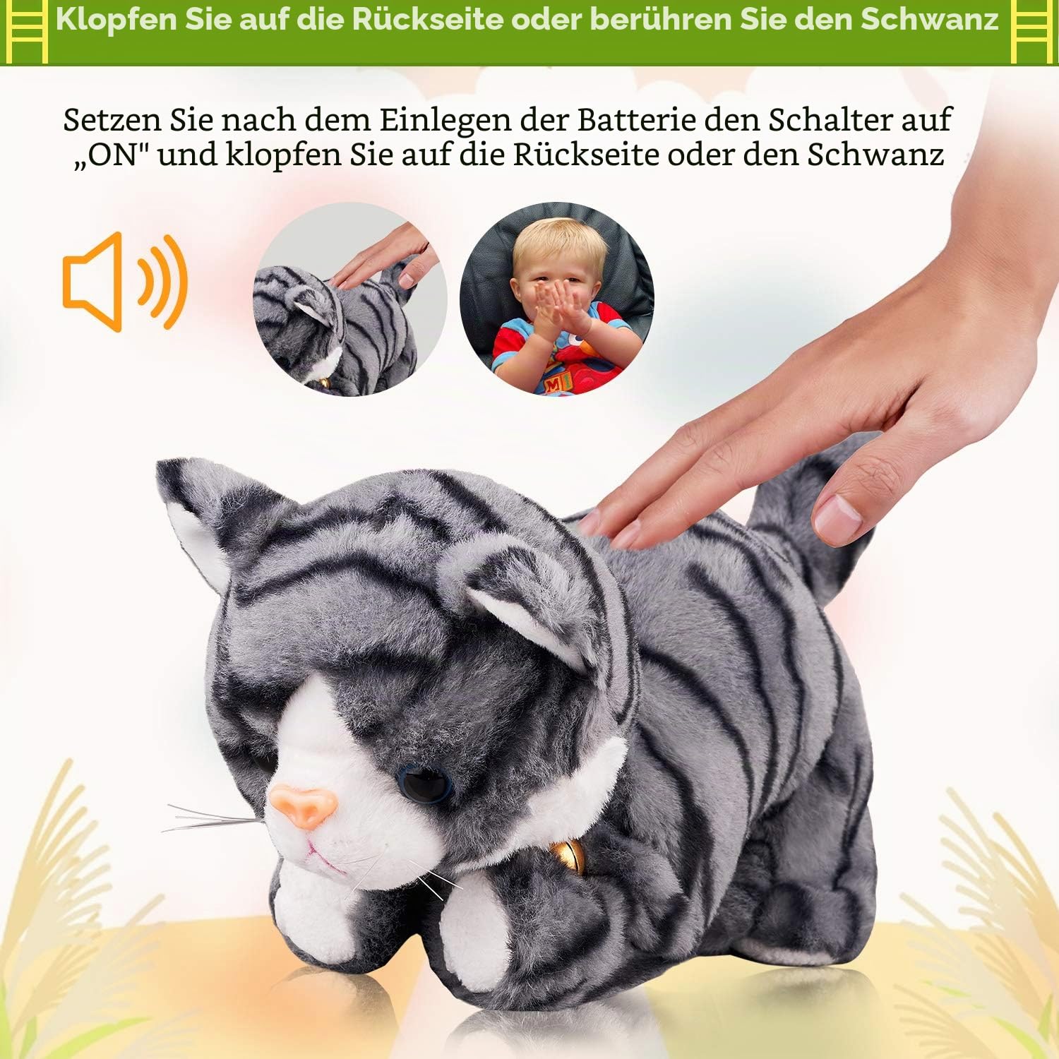 Marsjoy Interaktive Plüschkatze, Plüschtiere, graues Roboter, mit Berührungskontrolle, elektronisches Katzen-Haustier, Roboter-Katzen-Spielzeug, animiertes Spielzeug für Mädchen, Kinder, L: 30.5 cm