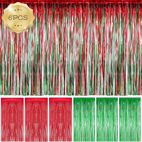 Paquete de 6 cortinas de flecos de aluminio para decoración de fiesta de Navidad, telón de fondo de decoración de Navidad, 3.28 x 8.2 pies, color