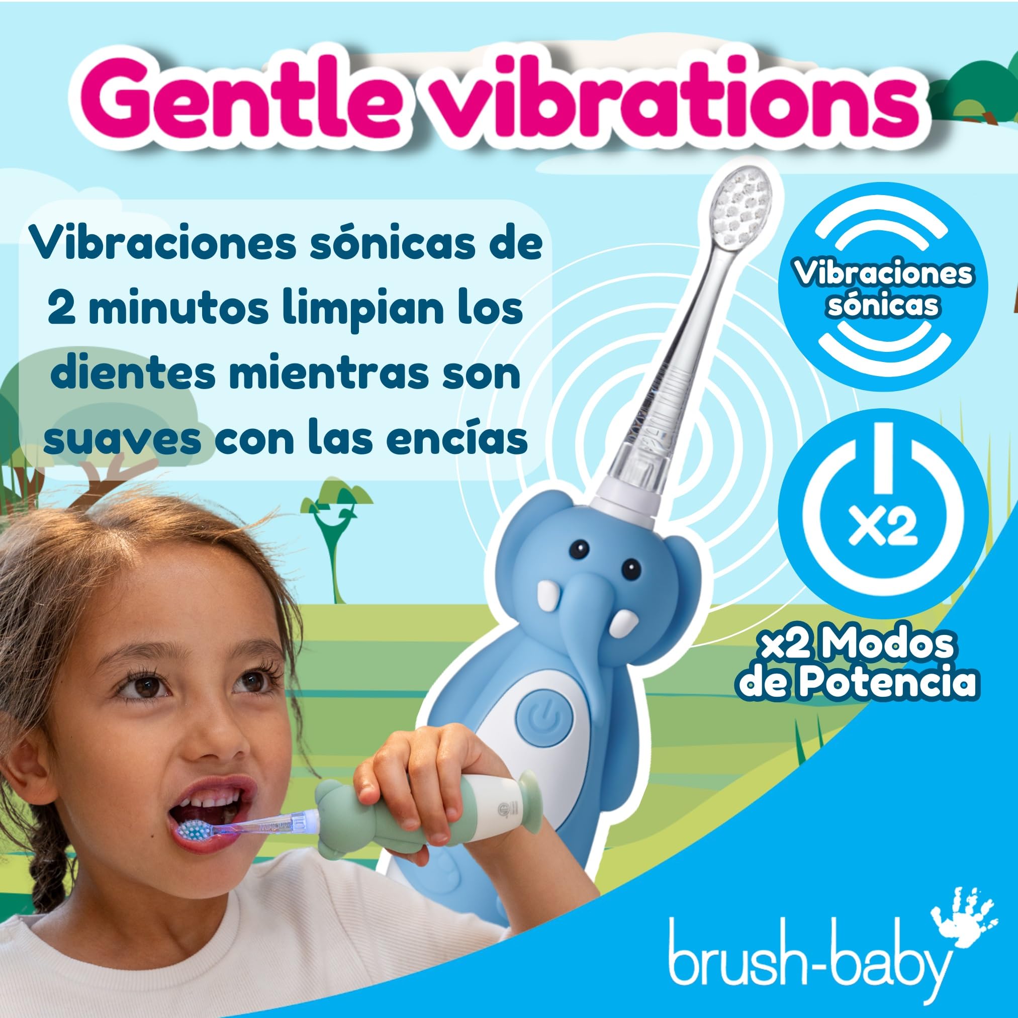 Brush-Baby WildOnes Cepillo de dientes eléctrico recargable para niños, elefante, 1 mango, 3 cabezales, cable de carga USB, para edades 0-10 (elefante)