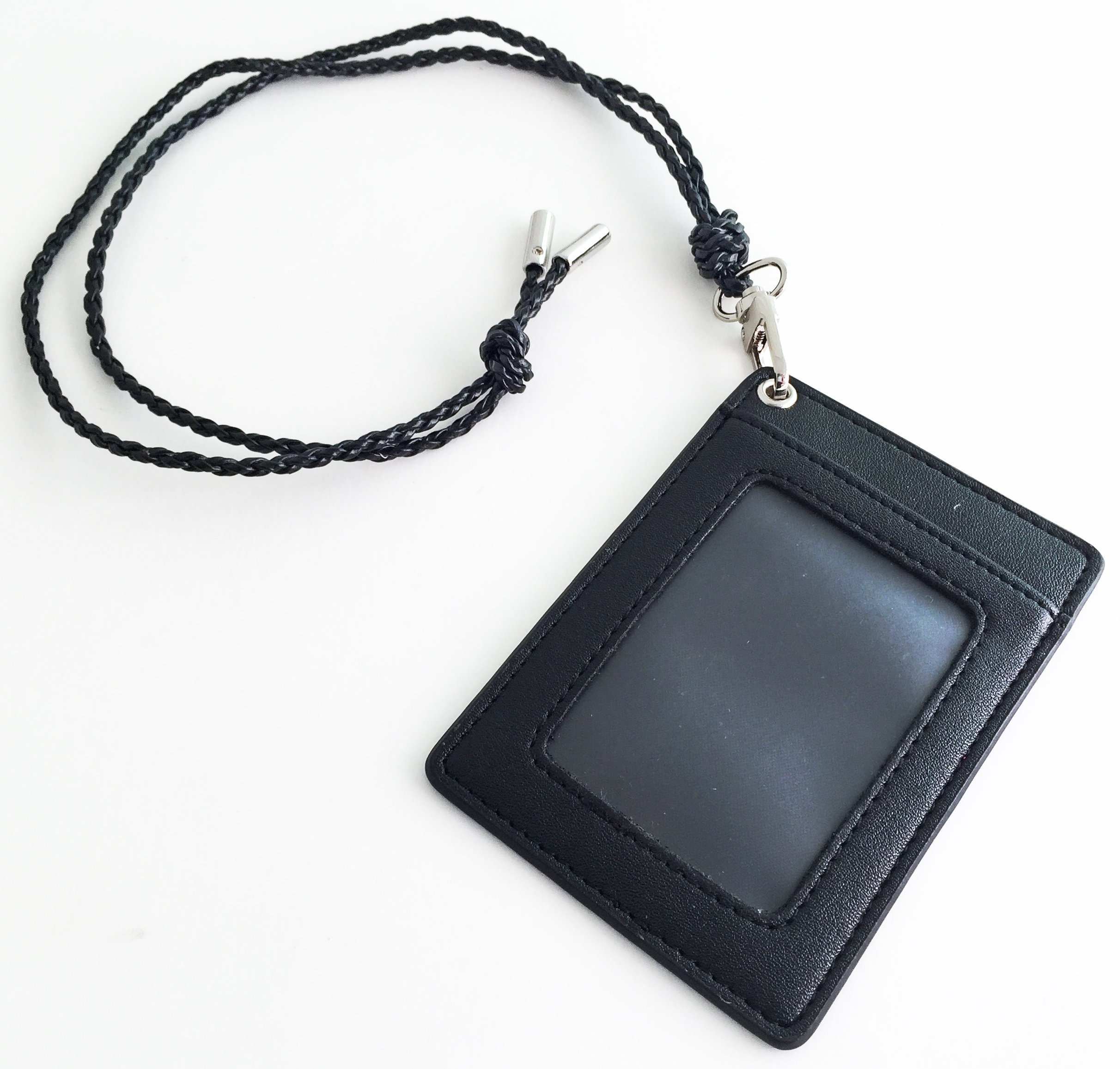 ID Badge Holder - 2-sided Faux Leather with Lanyard (Black)