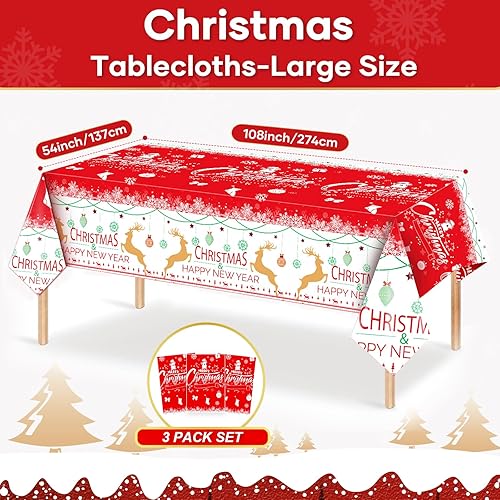 Miniatura 9 de Paquete de 3 manteles de Navidad desechables de plástico, rectangulares, color rojo, árbol de Navidad, muñeco de nieve, copo de nieve, decoración de