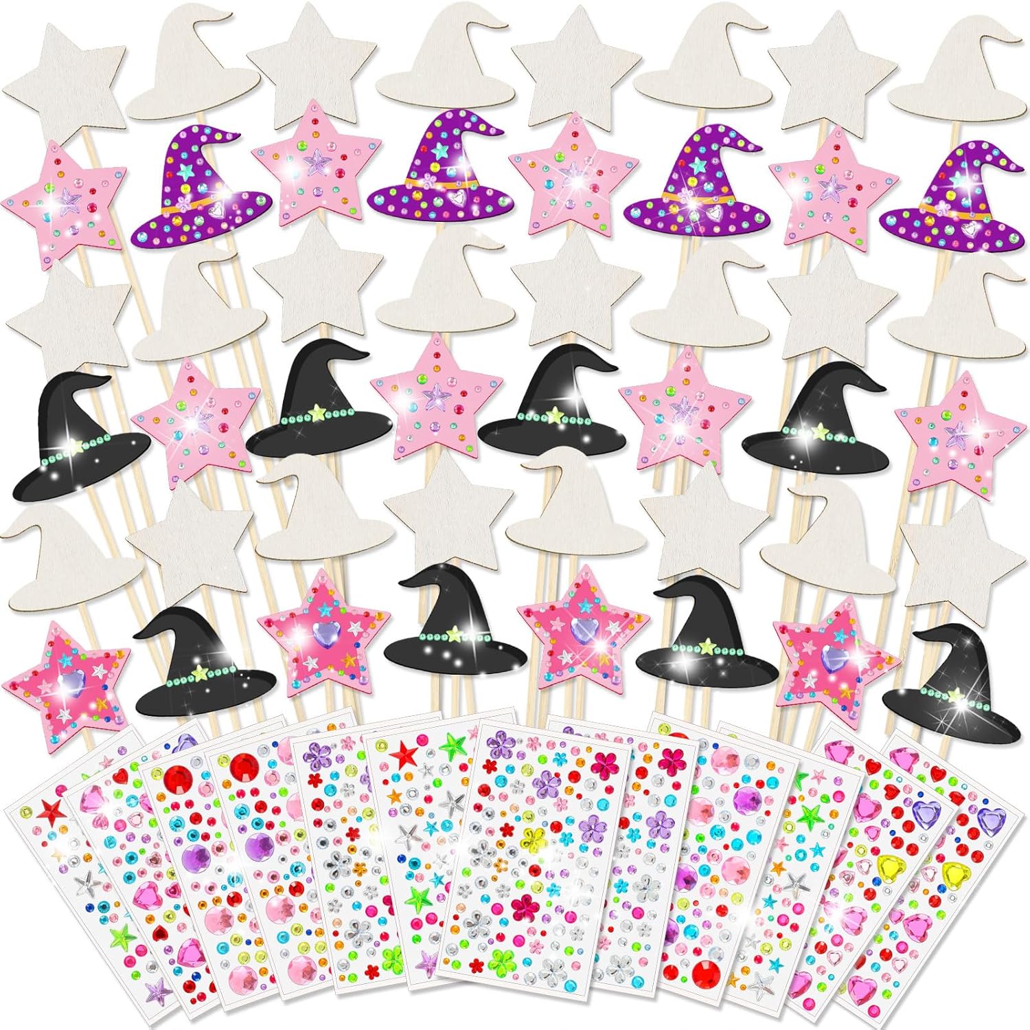 Juexica 48 Pcs Fairy Wands Kit Including 24 Unfinished Wood Star Wands, 24 Witch Hat Sticks and 12 Sheets Gem Stickers for Witch and Princess Birthday Party Favors Decorations DIY Craft Gift, 2 Styles