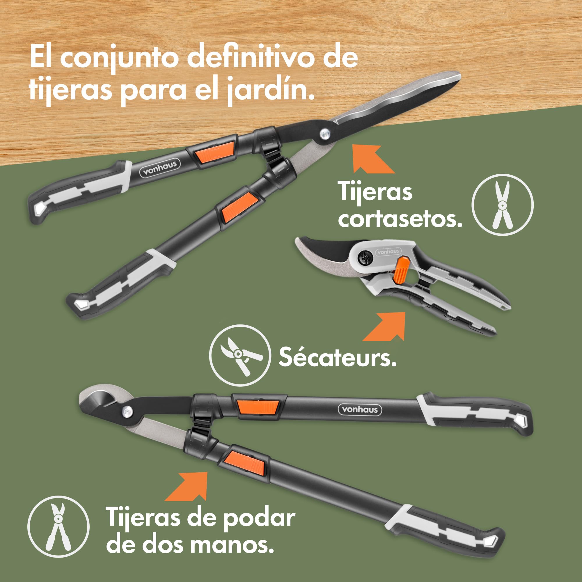 VonHaus Set de Tijeras de Podar, 3 Piezas - Tijeras Cortasetos - Cizalla de Poda con Mango Telescópico Extensible - Suave Empuñadura - Ligeras