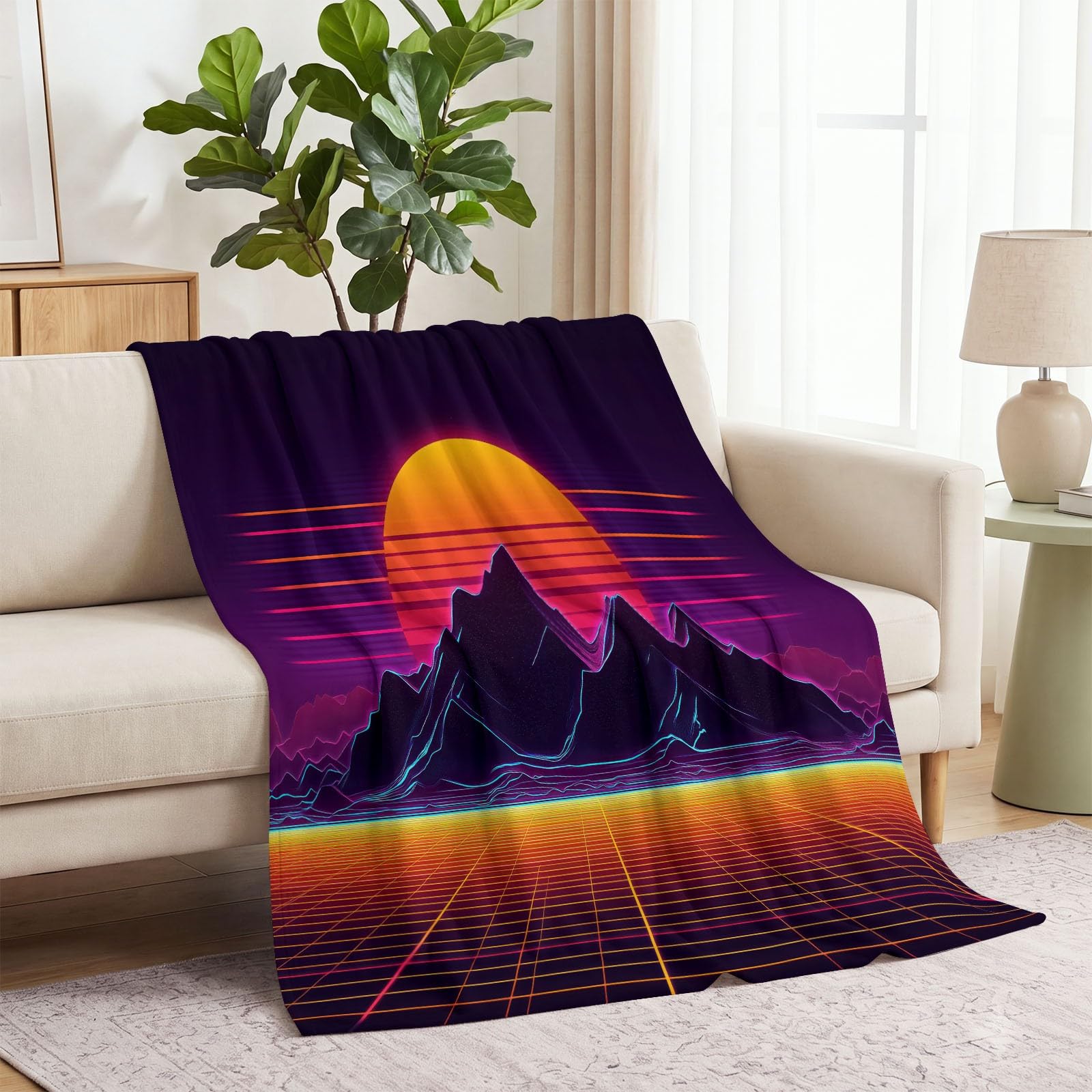 Koc polarowy z motywem gier, miękki, neonowy koc polarowy, góry słoneczne dla dorosłych i dzieci, miękki koc, ciepły na kanapę, 150 x 200 cm