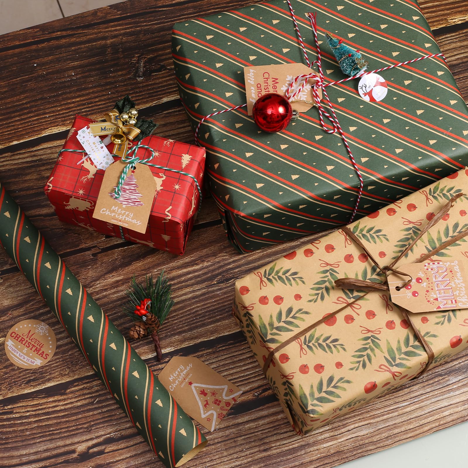 12 Pcs Christmas Paper Xmas Wrapping Paper 50 * 70 Cm Recyclable Christmas Wrapping Paper In 9 Designs With Christmes Tags (16ft Jute String And 15Tags