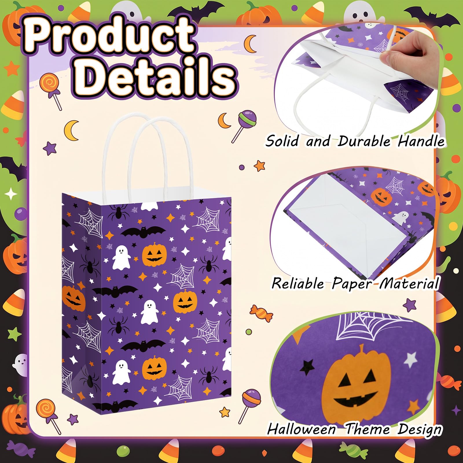 Yexiya Paquete de 100 bolsas de regalo de papel de Halloween con asas, sacos de golosinas de truco o trato, calabaza, fantasma, murciélago, telaraña, recuerdos de fiesta para dulces de Halloween