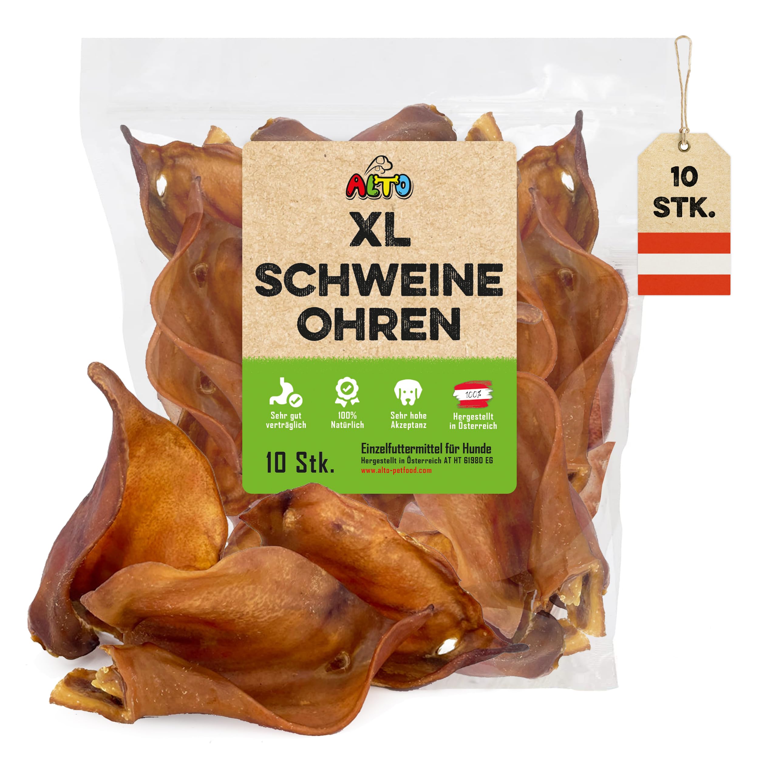 Alto - 10 XL ganze Schweine-Ohren für Hunde | getrocknete Schweineohren ohne fettige Muschel | auch für Welpen - 100% Natürlich | hergestellt in Österreich