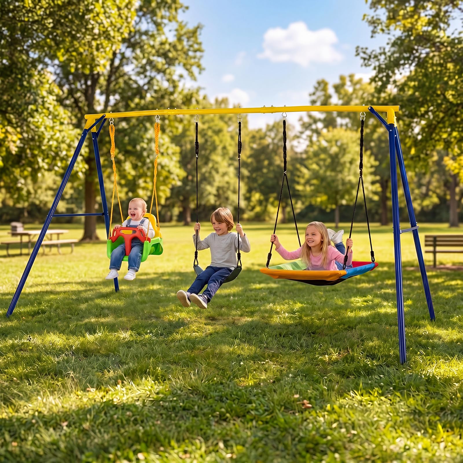 COSTWAY Set di Altalene da Interno e da Esterno, 3 in 1 Altalena da Giardino per Bambini, Corde Regolabili, per Giardino e Parco, Portata 300 kg