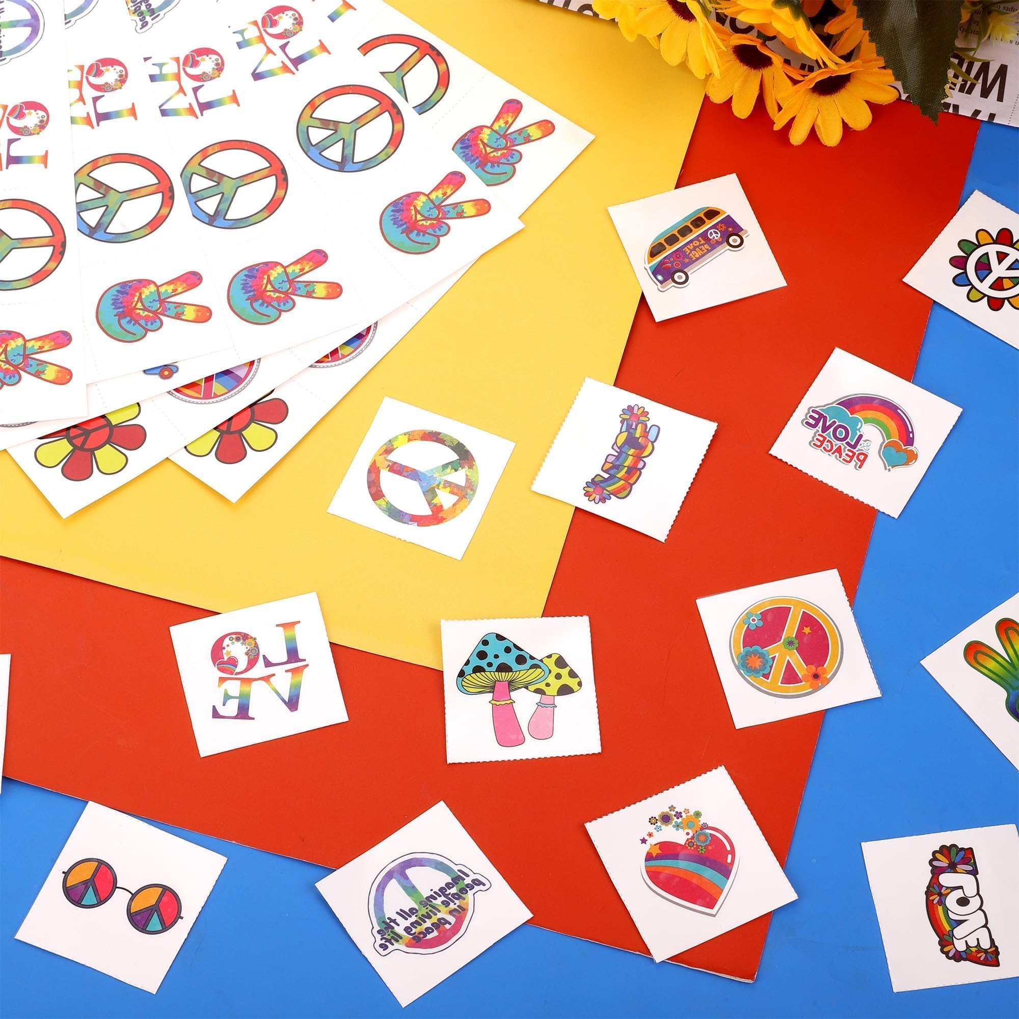 Fovths 144 Pcs Hippie Temporary Tattoos Assorted Groovy Love & Peace Signs Waterproof Stickers for Hippie Themed Parties & Costume Festival Favors