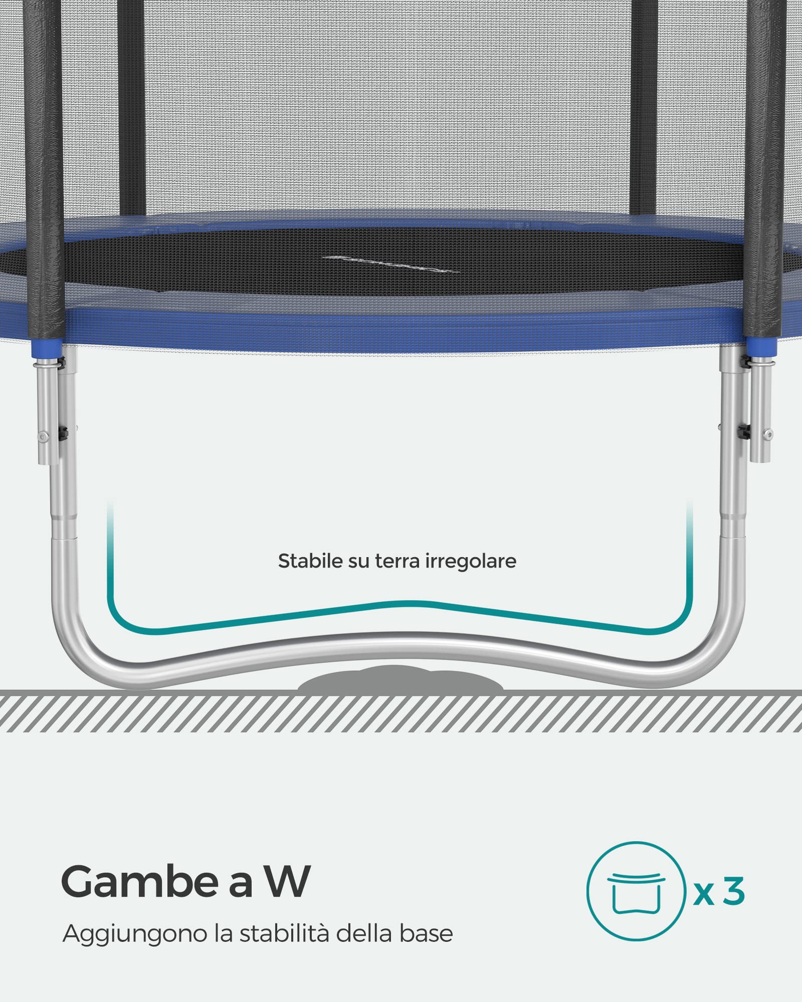 SONGMICS Trampolino esterno bambino diametro 183/244/305/366/427 cm, rete di protezione esterna, cuscini di sicurezza, scala, palo dritto alto 180 cm, telaio in acciaio