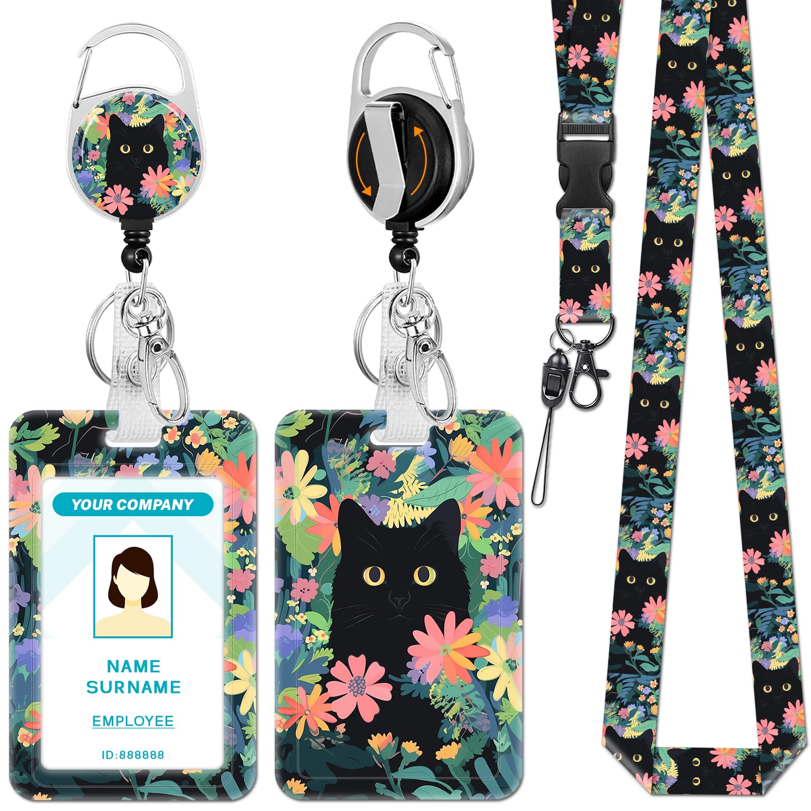 Hancynir Lanyards for Id Badges, Cat Flower Floral Badge Holder with Retractable Reel Clip, Cute Work Name Tags Keychain Lanyard ID Card Protector
