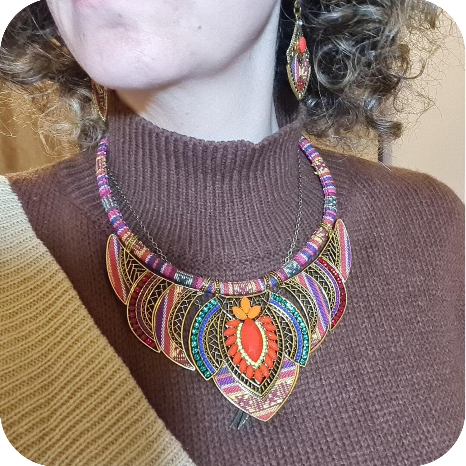 Gold African Jewelry Sets for Women Boho Tribal Retro Statement Choker Necklace and Dainty Dangle Earring Set Multicolor Ethnic Style Chunky Bib Collar Costume Jewelry Accessories for Women