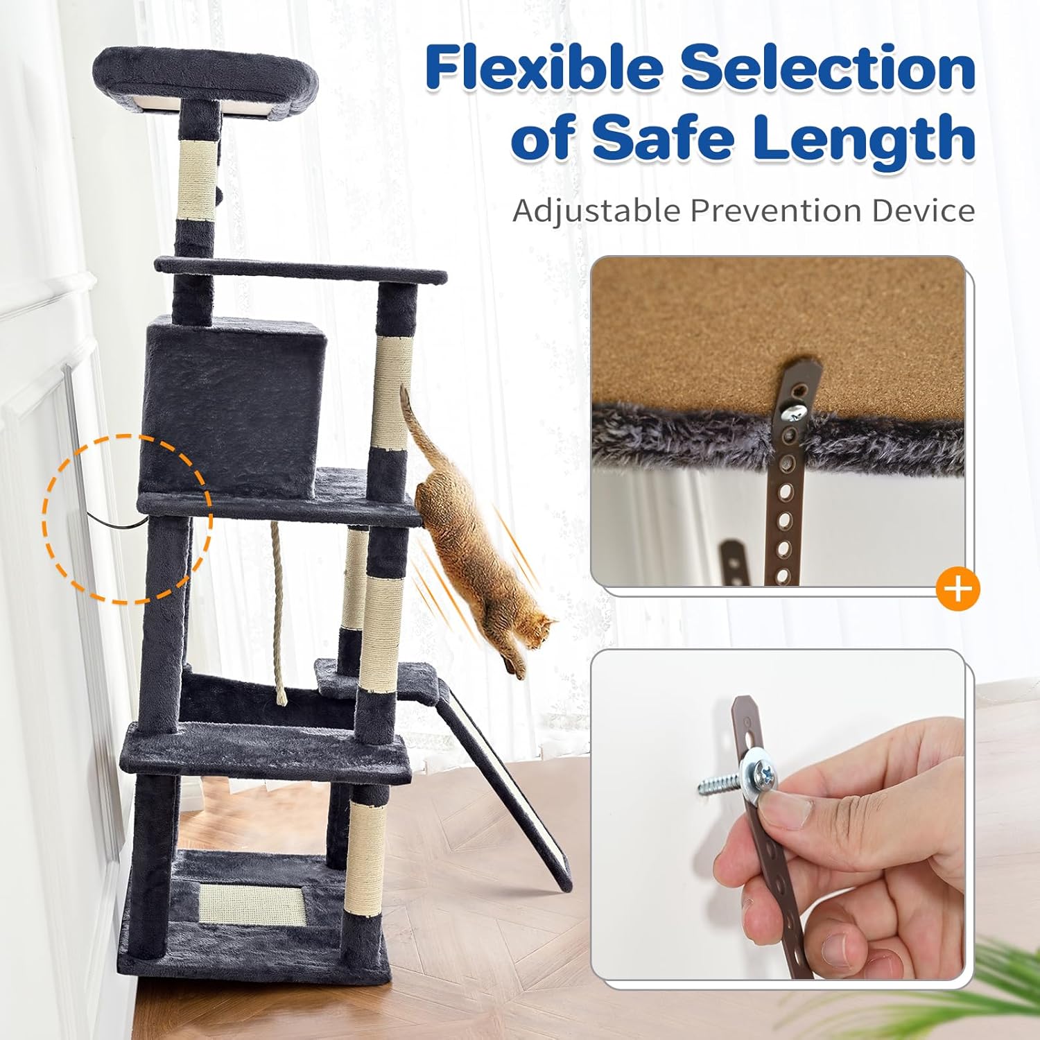 ABCPET Cat Tree Tower 63in Multi-Level Cat Tower for Indoor Cats with Sisal Scratching Posts, Condo, Hammock, Dangling Ball and Extended Platform for Cats to Play, Grey