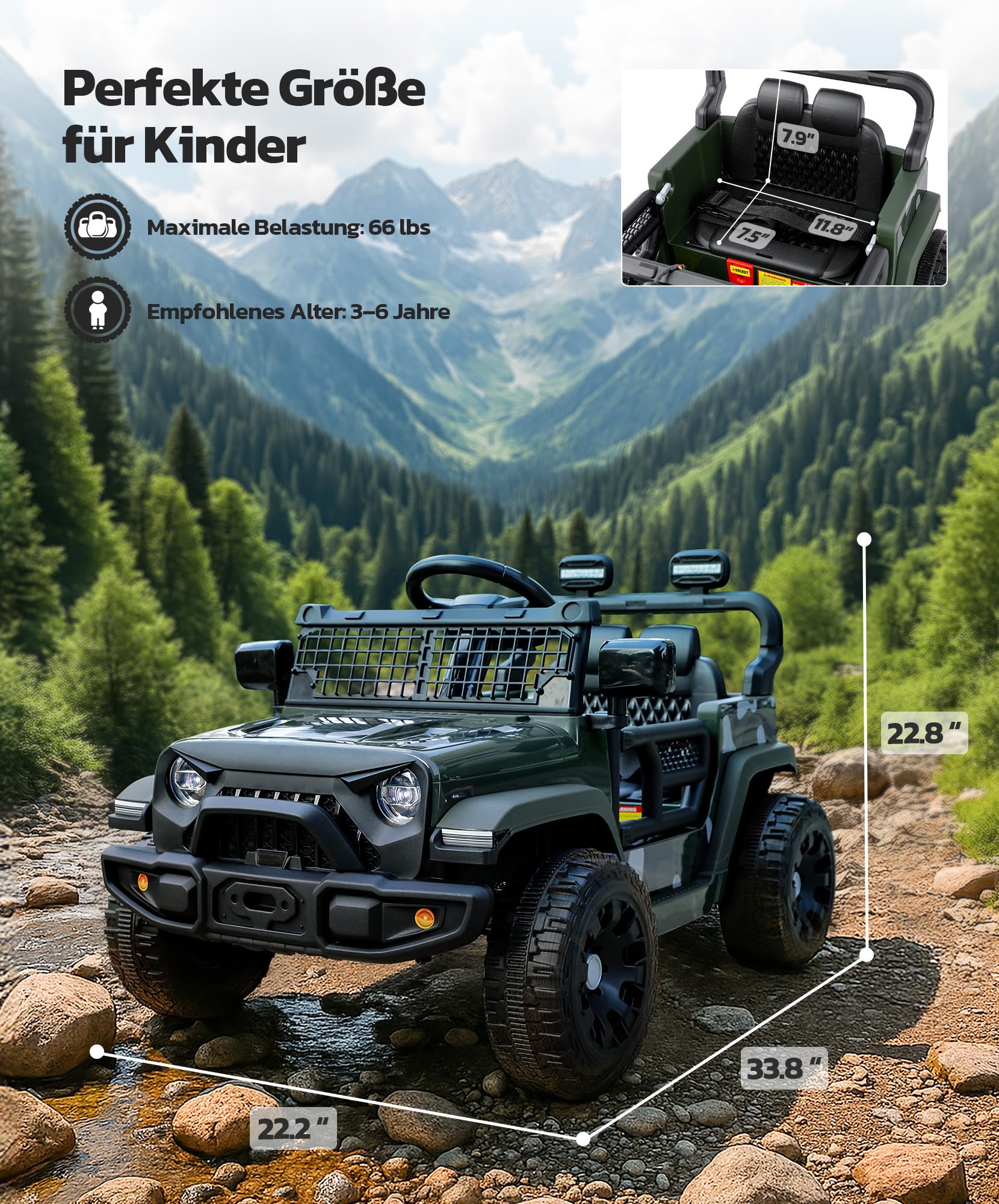 ELEMARA Elektroauto für Kinder, 12V Elektrofahrzeuge mit Musik, Kindersicherung, LED-Beleuchtung, Stoßdämpfern, 5,6 KM/H, Motorisiertes Geländefahrzeug, 3 Geschwindigkeitsstufen, Grün