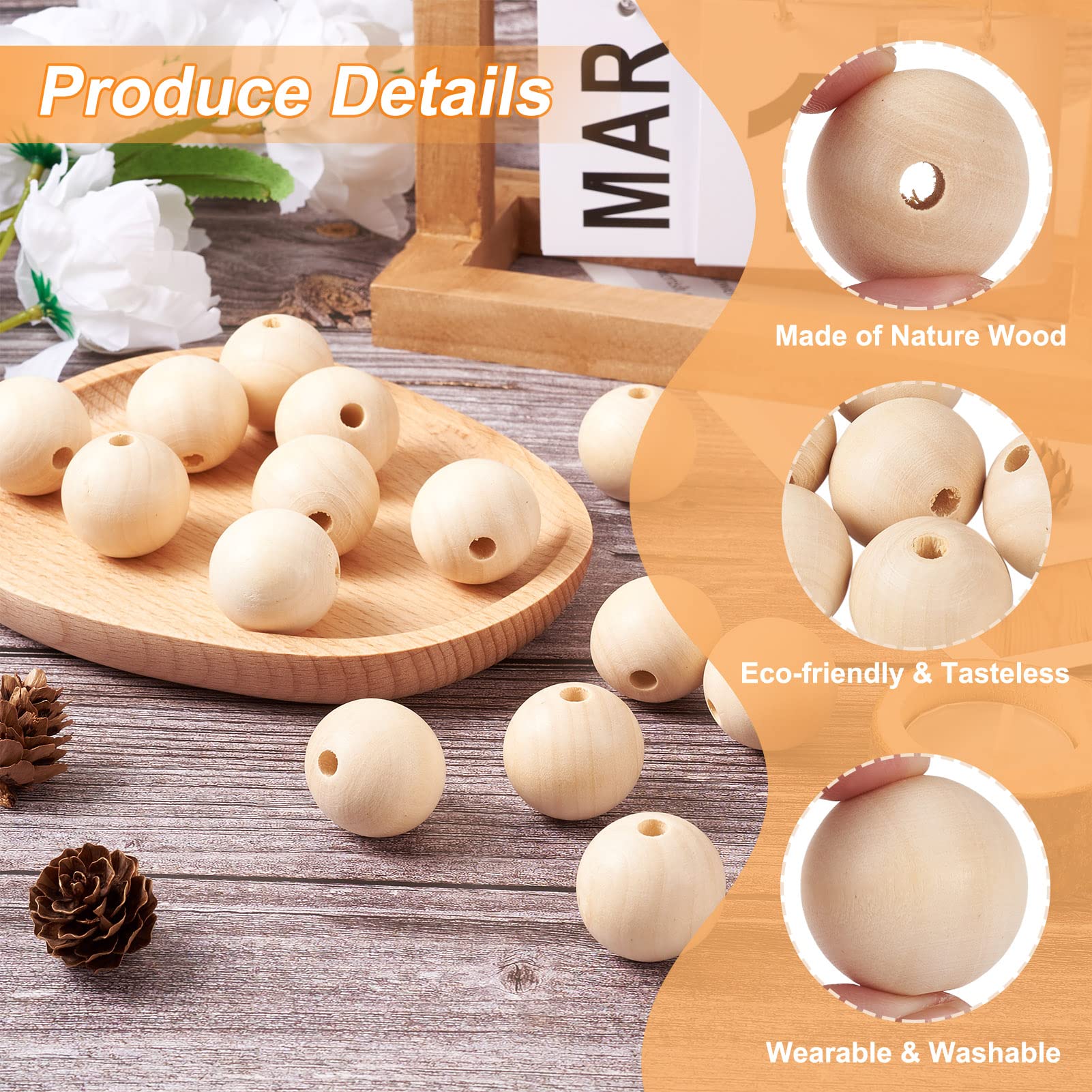 PandaHall 15pcs 30mm Natural Round Wood Beads Large Hole Unfinished Wooden Ball Spacer Loose Beads with 6~7mm Hole for Crafts DIY Handmade Decorations Jewelry Making - Image 4