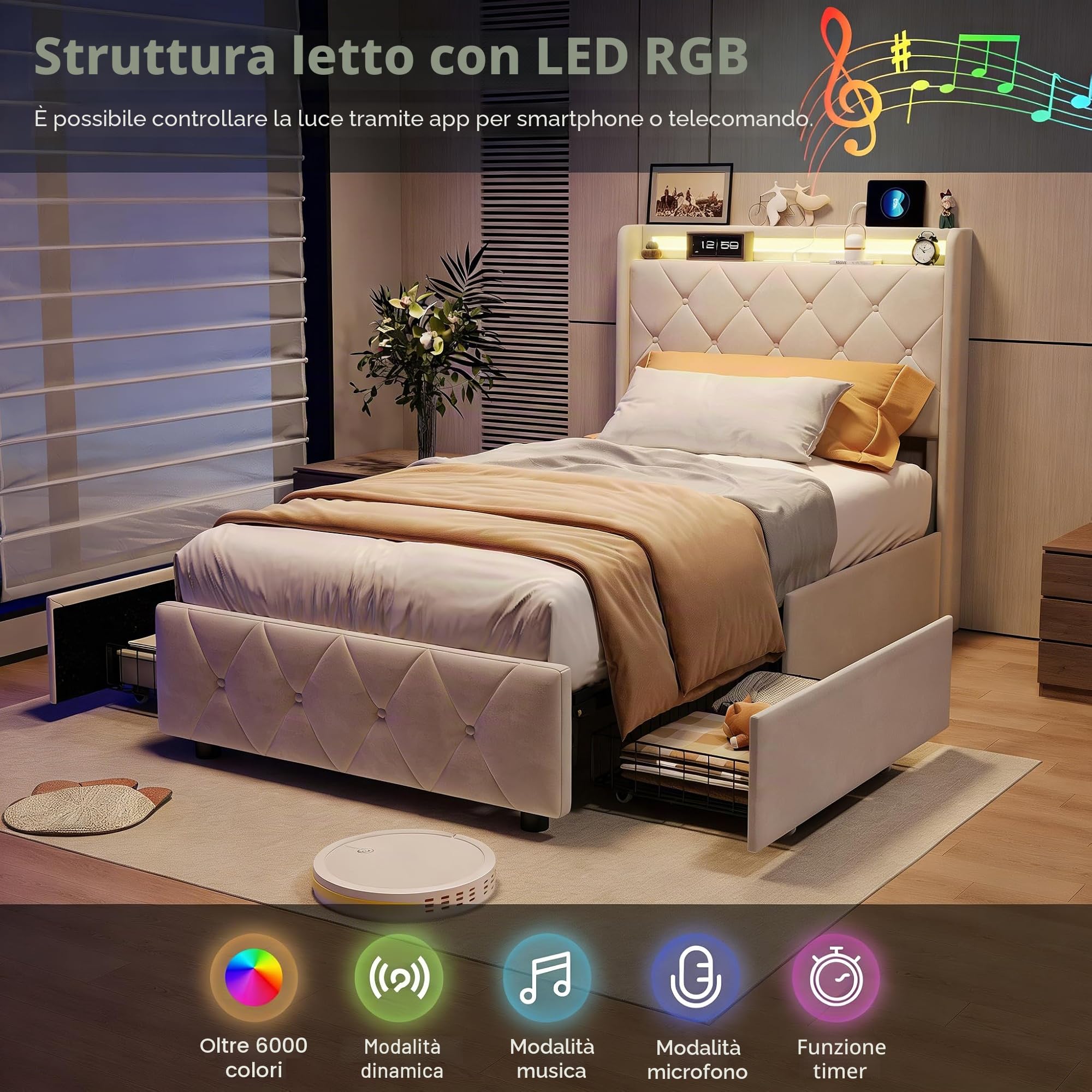 Letto Singolo 90x200 con Contenitore, Letto Imbottito con LED e Stazione di Ricarica, Struttura Letto con 2 Cassetti, Letto Funzionale con Rete e Testiera, senza Materasso, Velluto Beige