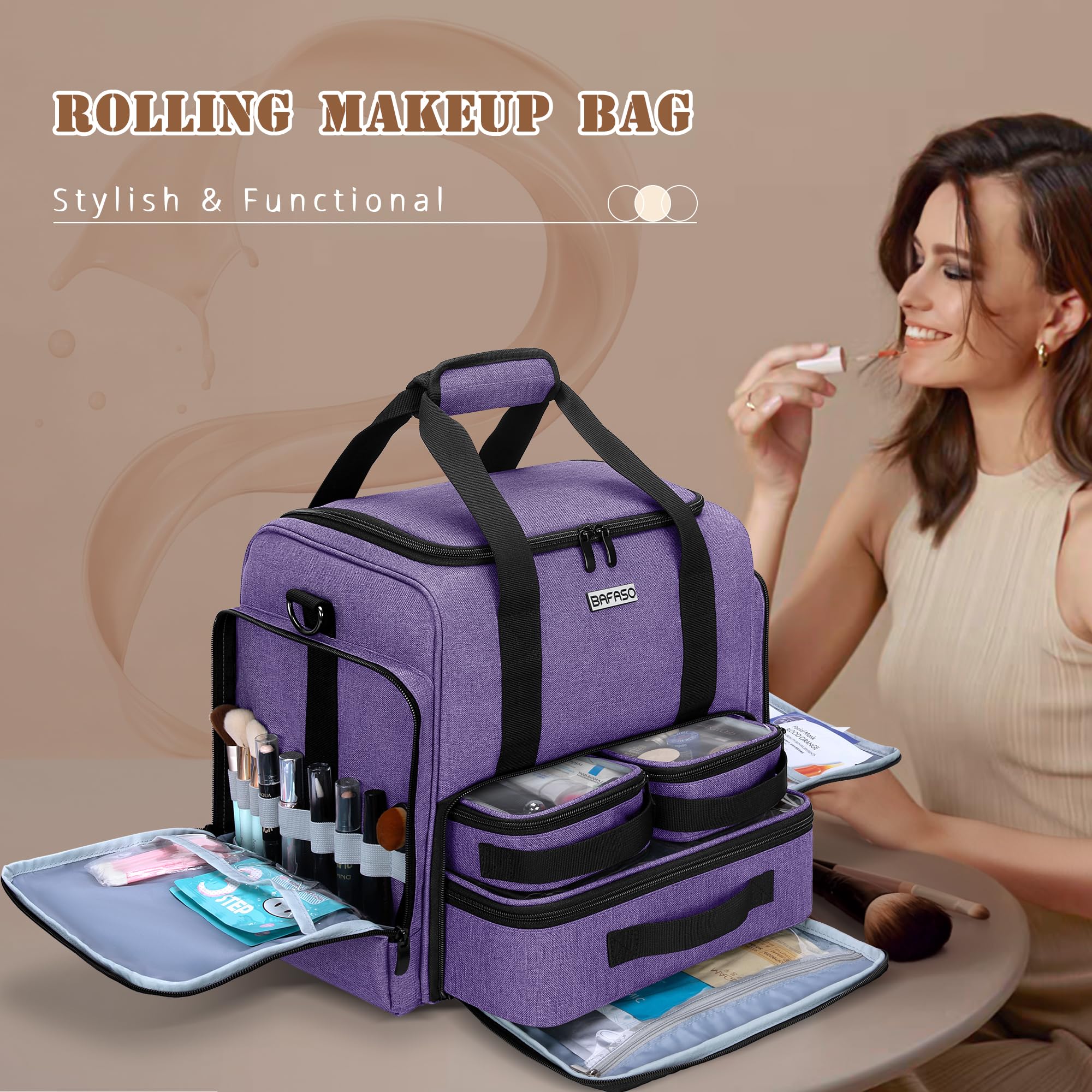 BAFASO Kosmetikkoffer Trolley, Make up Koffer Groß, Schminkkoffer Damen mit Rollen, Abnehmbar Kosmetikkoffer Trolley für Make up, Lila