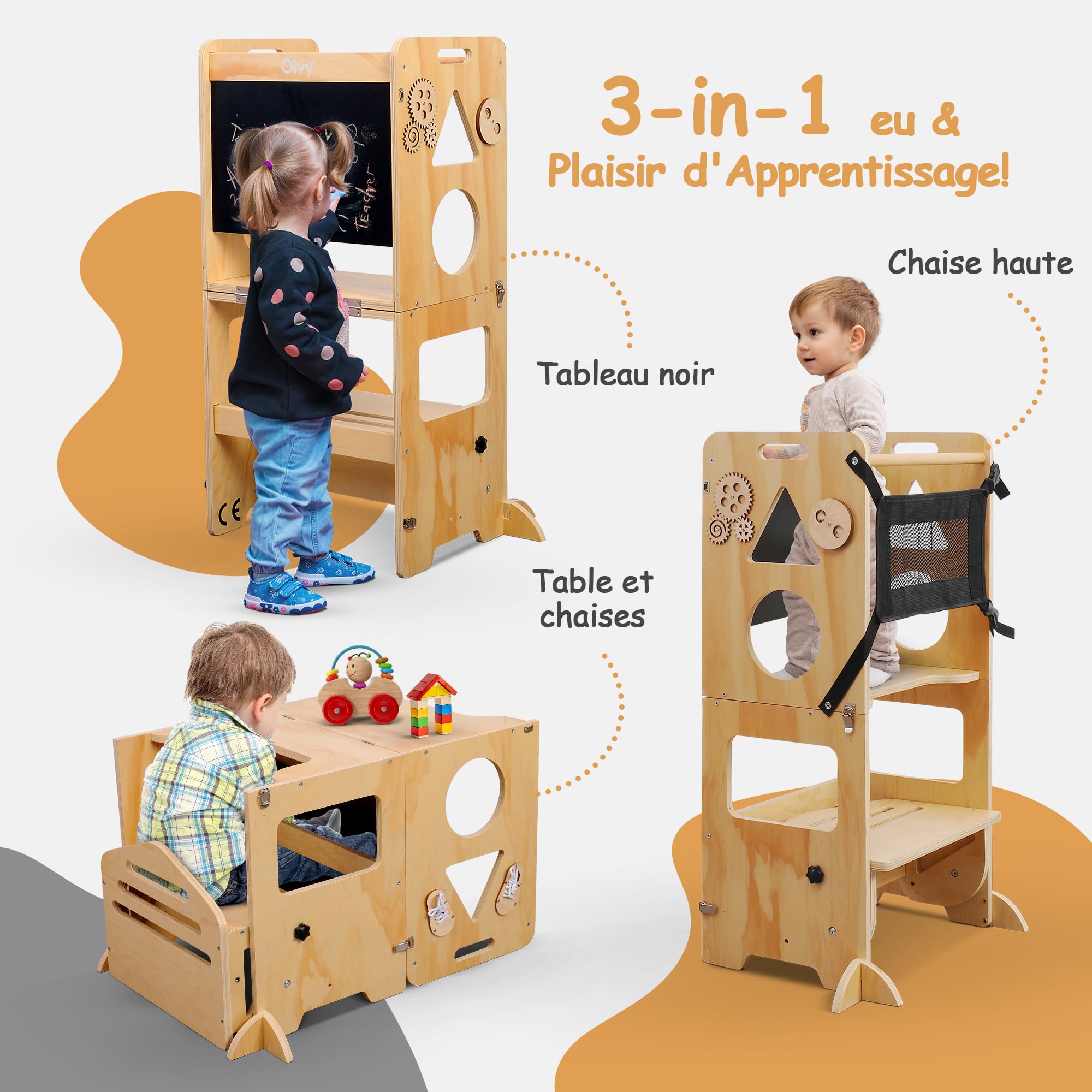 Olvy Kids 3-en-1 Tour d'apprentissage Montessori – Tabouret en Bois Pliable – Marchepied Enfant 3 Marches – Tour d’Observation Sécurisée – Escabeau Montessori dès 1 an