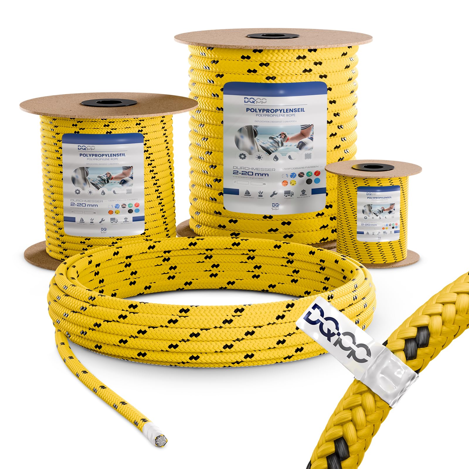 DQ-PP POLYPROPYLENSEIL – 10mm – 50m – GELB – Traglast bis 1240 kg Flechtleine Textilseil Schnur Rope Kordel Kunststoffseil geflochten