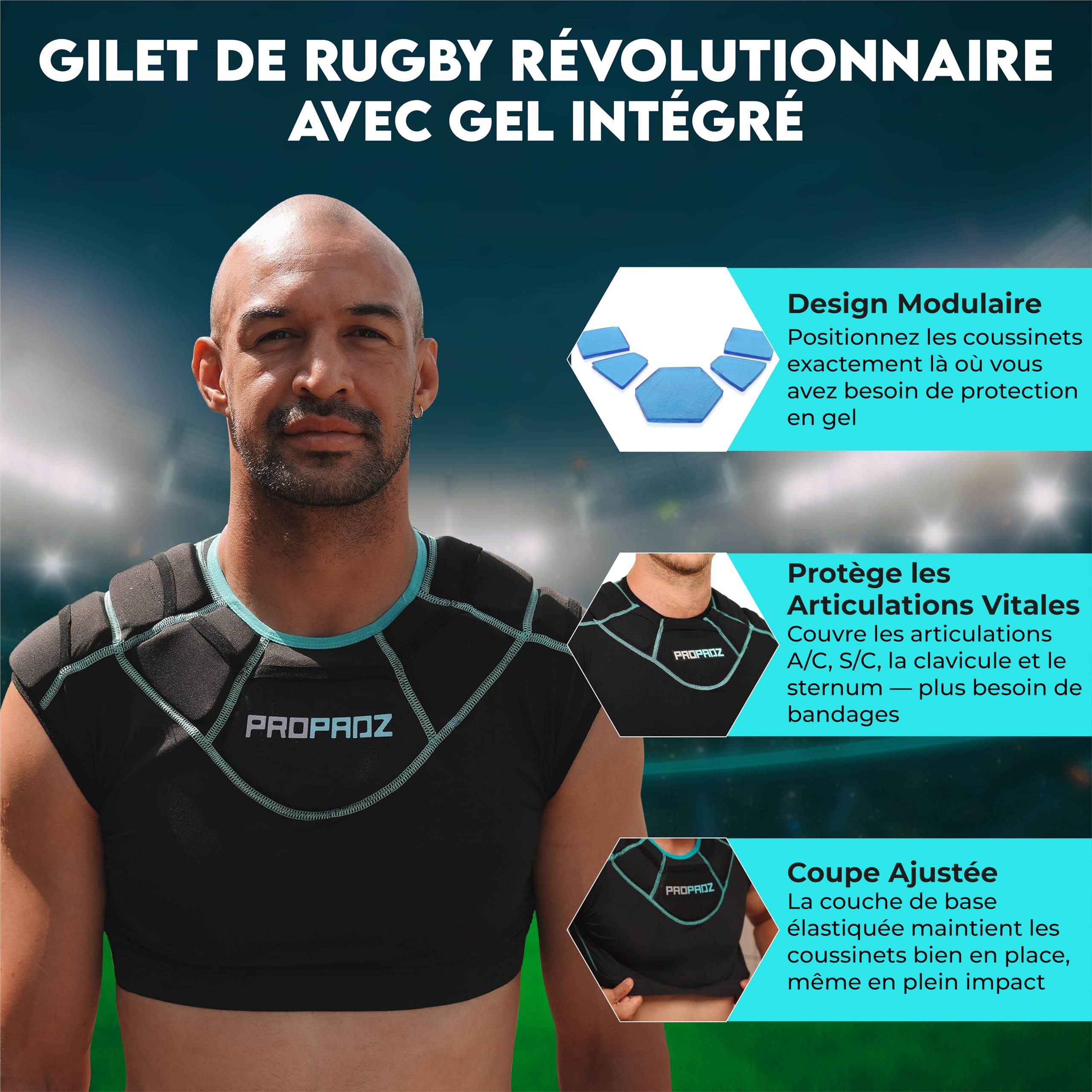Gilet de Rugby PROPADZ avec Épaulières Homologué World Rugby Protection Légère Respirante