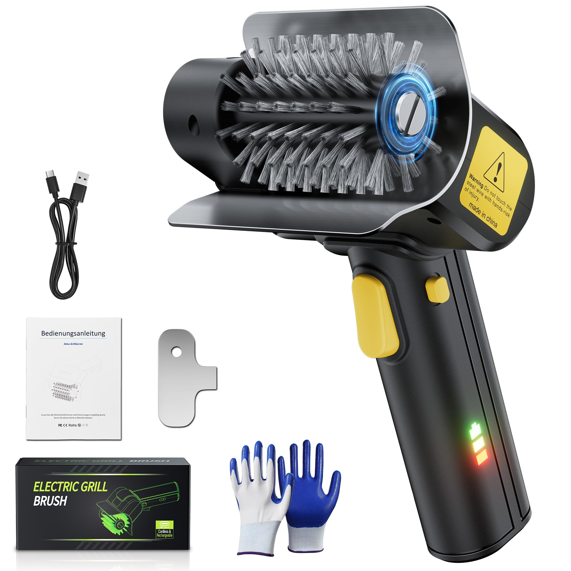 Brosse électrique pour barbecue d'extérieur - Rechargeable - 1100 tr/min - Autonomie de 100 minutes - Avec brosse de rechange - Sans danger pour tous les barbecues - Cadeau pour homme