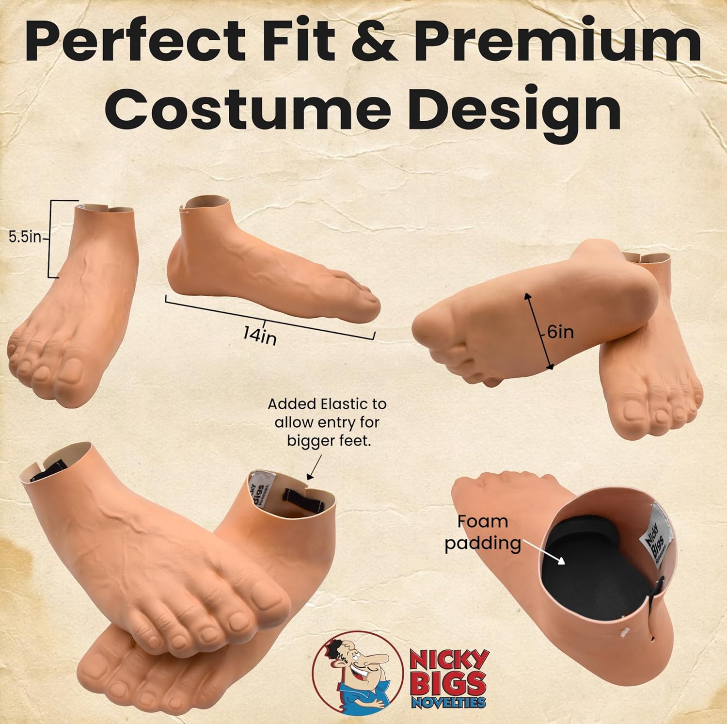 Nicky Bigs Novelties Giant Jumbo Funny Feet Slippers Oversized Big Toe Caveman Costume Accessory Beige One Size Fits Most Adults