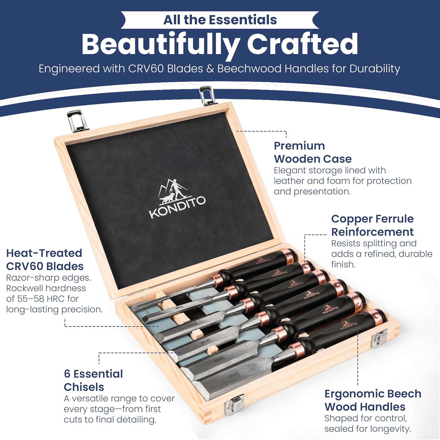 KONDITO Professional Wood Chisel Set – Complete Chisel Kit with 6 CRV60 Steel Blades (6–38mm), 2 Sharpening Stones & Hardwood Case – Wood Carving Chisels for Joinery, Sculpting & Woodworking Tools