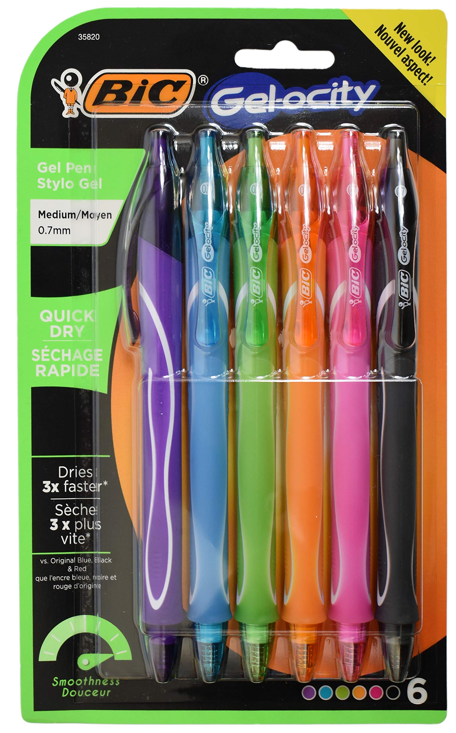 Juego de 6 bolígrafos Bic Gel-ocity, 6 colores diferentes, tecnología de secado rápido, punta media de 0,7 mm