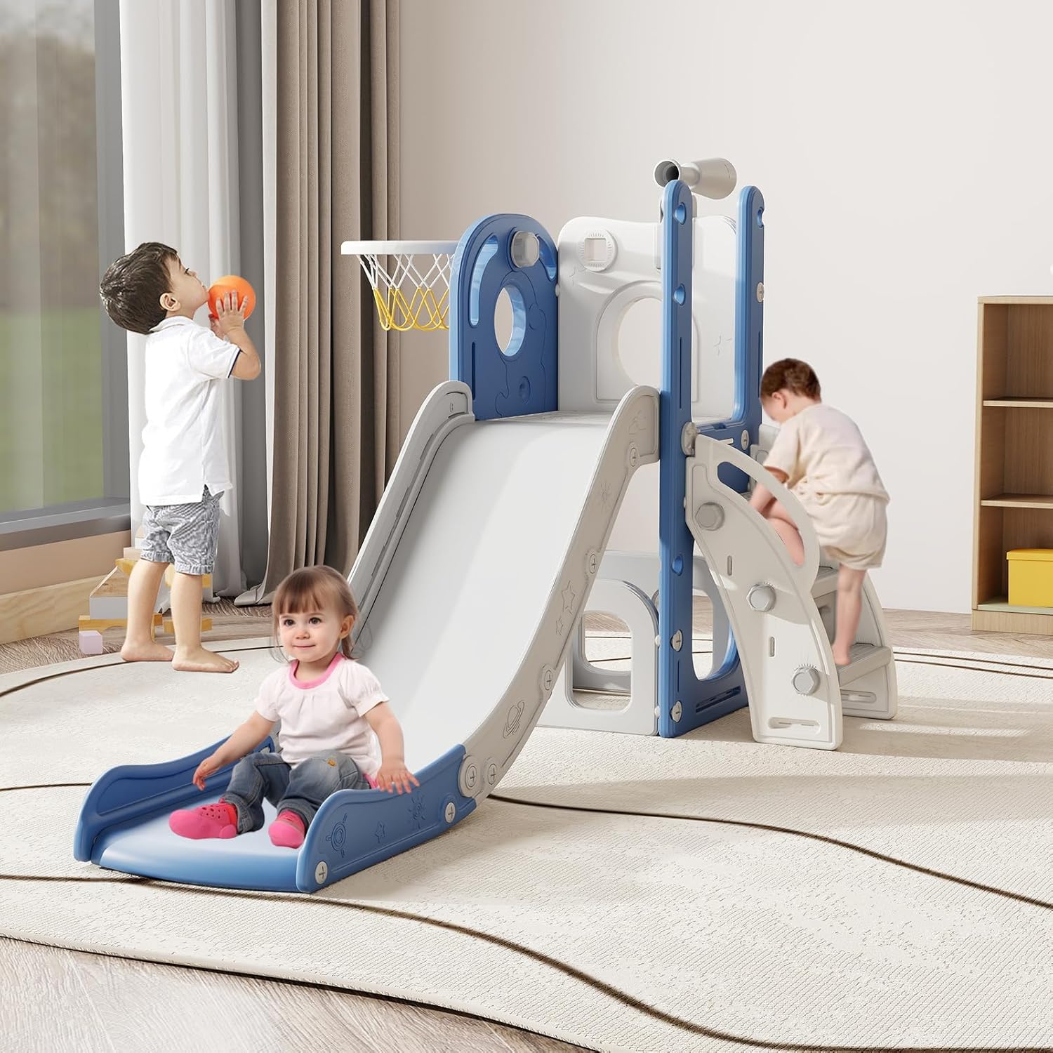 kinbor 6 in 1 Toddler Slide PlaySet - Indoor Outdoor Fun for Kids Ages 1-3, Includes Basketball Hoop, Telescope, Storage & Climber, Safe, Sturdy Baby Slide for Backyard Playground, Blue