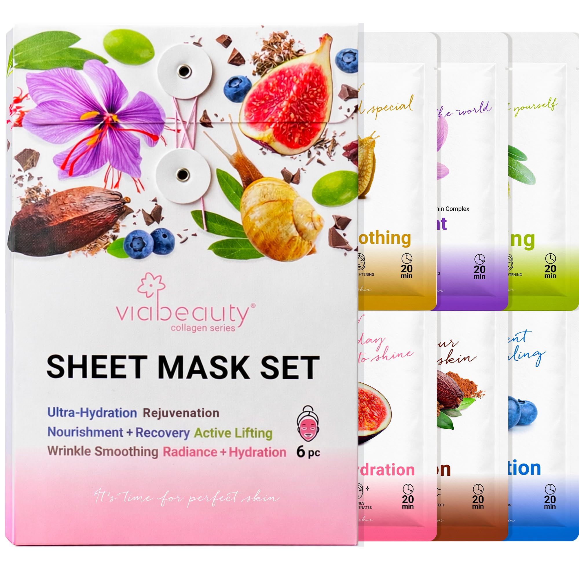 6 Pack of Sheet Face Masks Skincare - Collagen Face Mask Sheets with Hyaluronic Acid, Vitamin C, Snail Mucin - Facial Sheet Mask for Hydrating, Moisturizing, Rejuvenating