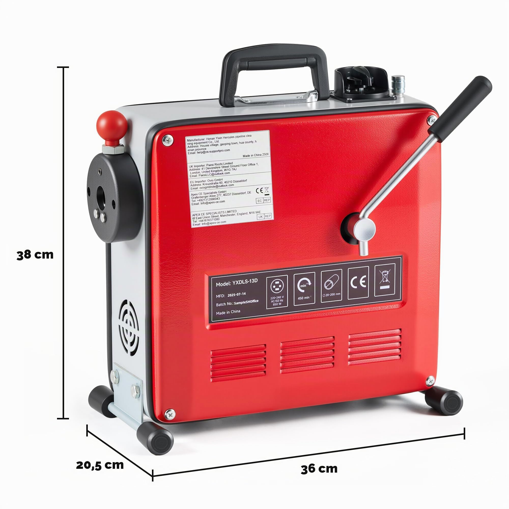 ZELCAN 850W Desatascador de Tuberías Eléctrico Profesional 450r/min Máquina de Limpieza de Desagües Electrico con Espirales para Tubos 20mm a 200mm