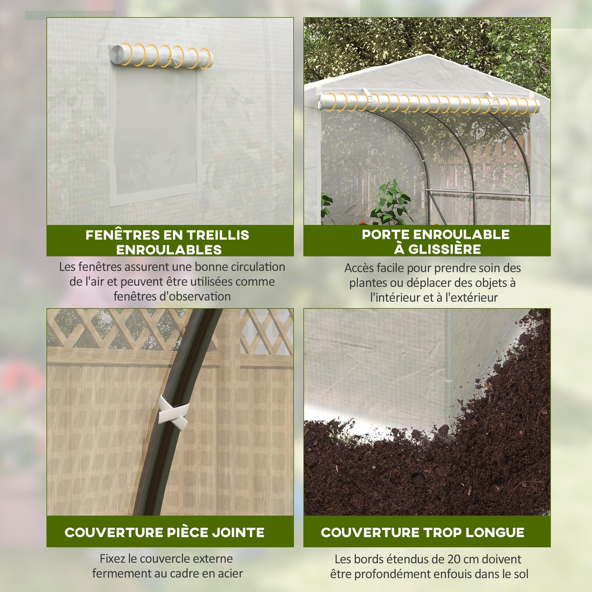 Outsunny Serre de Jardin Serre Tunnel de Jardin dim. 3,5L x 3l x 2H m Porte + 6 fenêtres enroulables Acier galvanisé bâche PE Haute densité Blanc