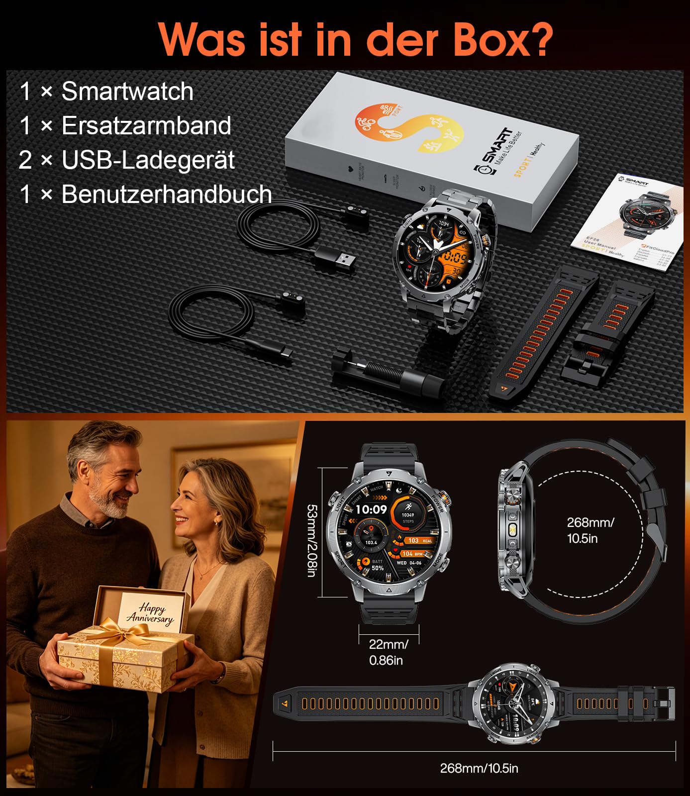 LIGE Smartwatch Herren 1400mAh Lange Akkulaufzeit, 1,7" Militär Smart Watch mit LED-Taschenlampe, Bluetooth-Anrufe, 120+ Sportmodi, 5ATM Wasserdicht, Herzfrequenzmesser, Android/iOS, EF26-C