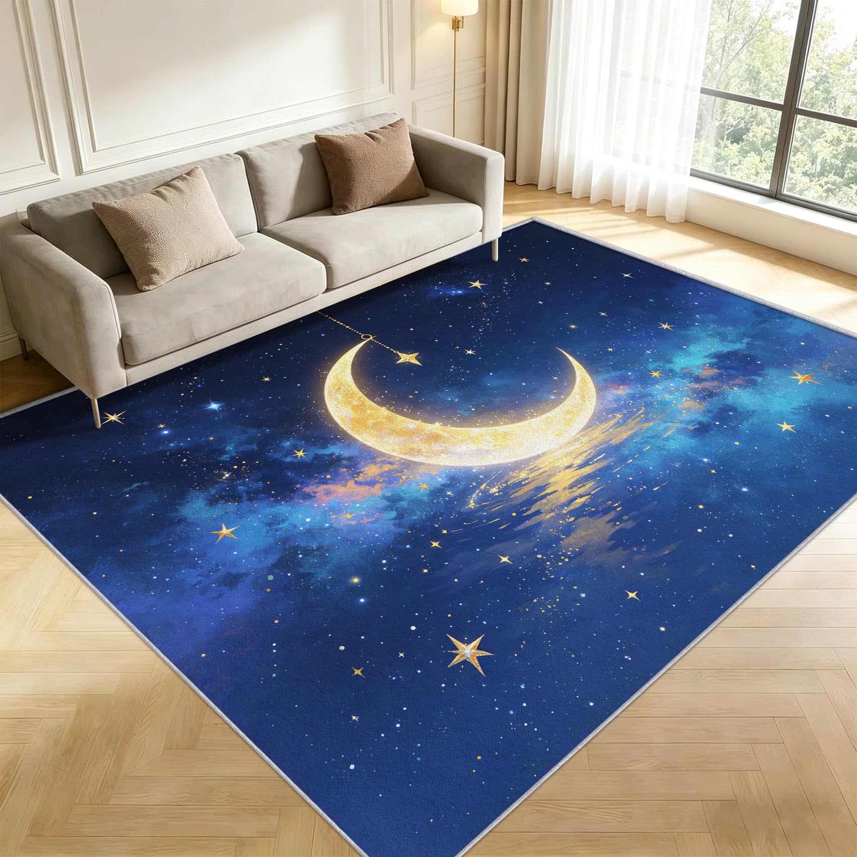Tapis salon lune 160x230cm bleu galaxie antidérapant en microfibre 3D