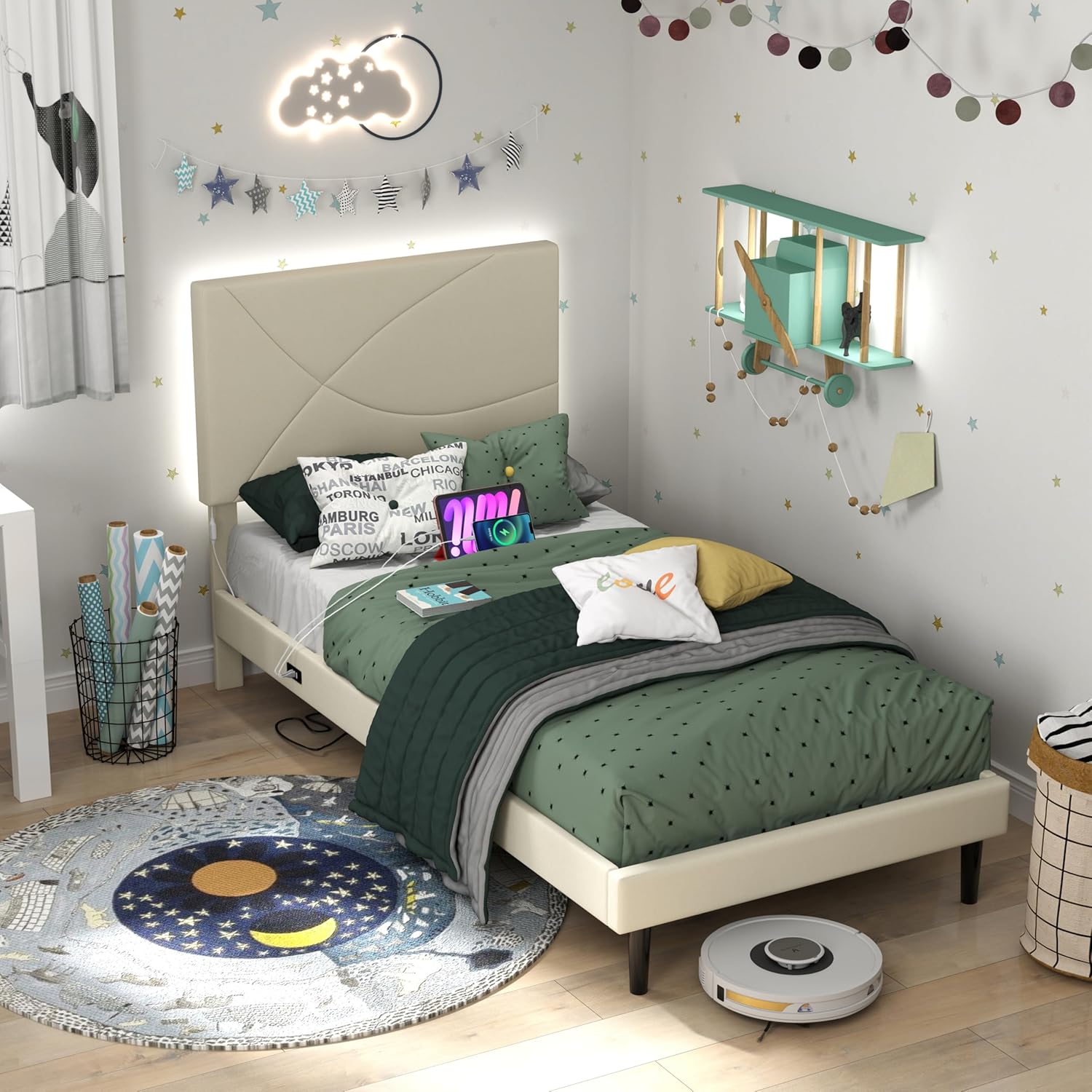 Homy Casa Twin Size Upholstered Platform Bed Frame with USB Ports & LED Light Headboard, Solid Wood Slats Support, Metal Platform, Easy Assembly, No Box Spring Needed, Beige