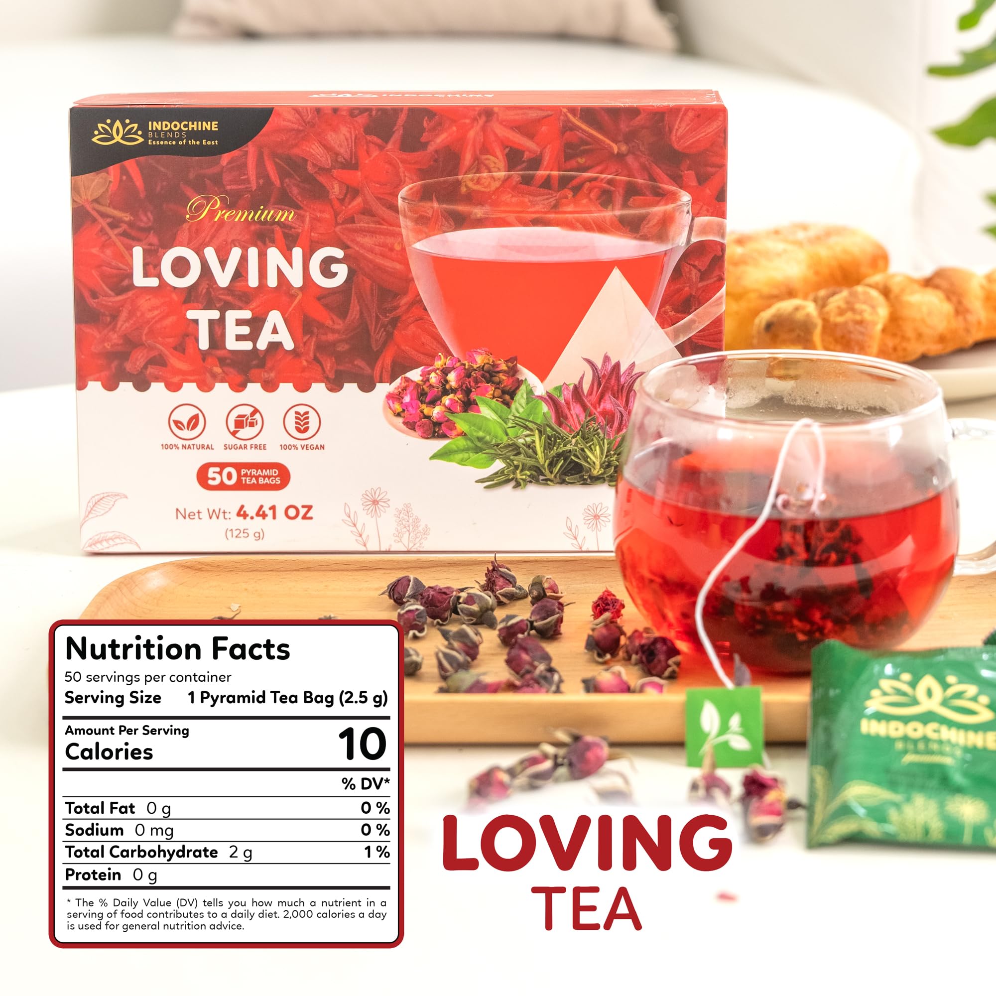 Condition photo showing New/Like New for Indochine Blends Loving Tea | Hibiscus Flower, Rose Tea, Rosemary Tea, and Black Tea | 2g x 50 Tea Bags| Sugar-Free, Caffeine-Free Herbal Tea | Pyramid Chamber Tea Bags | Rich in Natural Goodness and Flavor