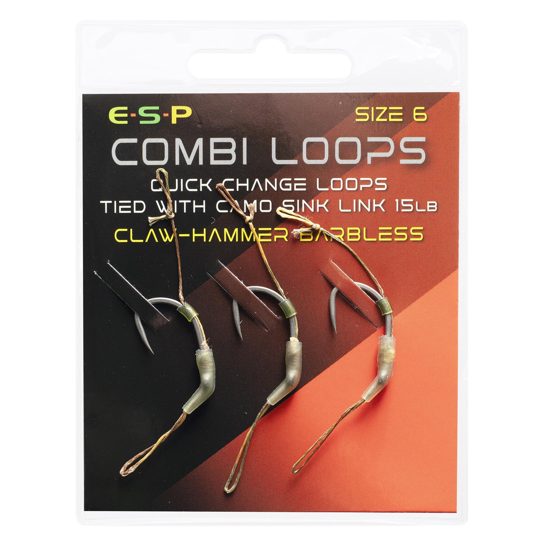 ESP Combi-Loop Rigs, Claw Hammer Barbless, Size 4 6 8, Pre-Tied Carp Fishing Rigs, Cryogen Hook, Camo Sink-Link Braid, 3 Rigs (Barbless, 6)