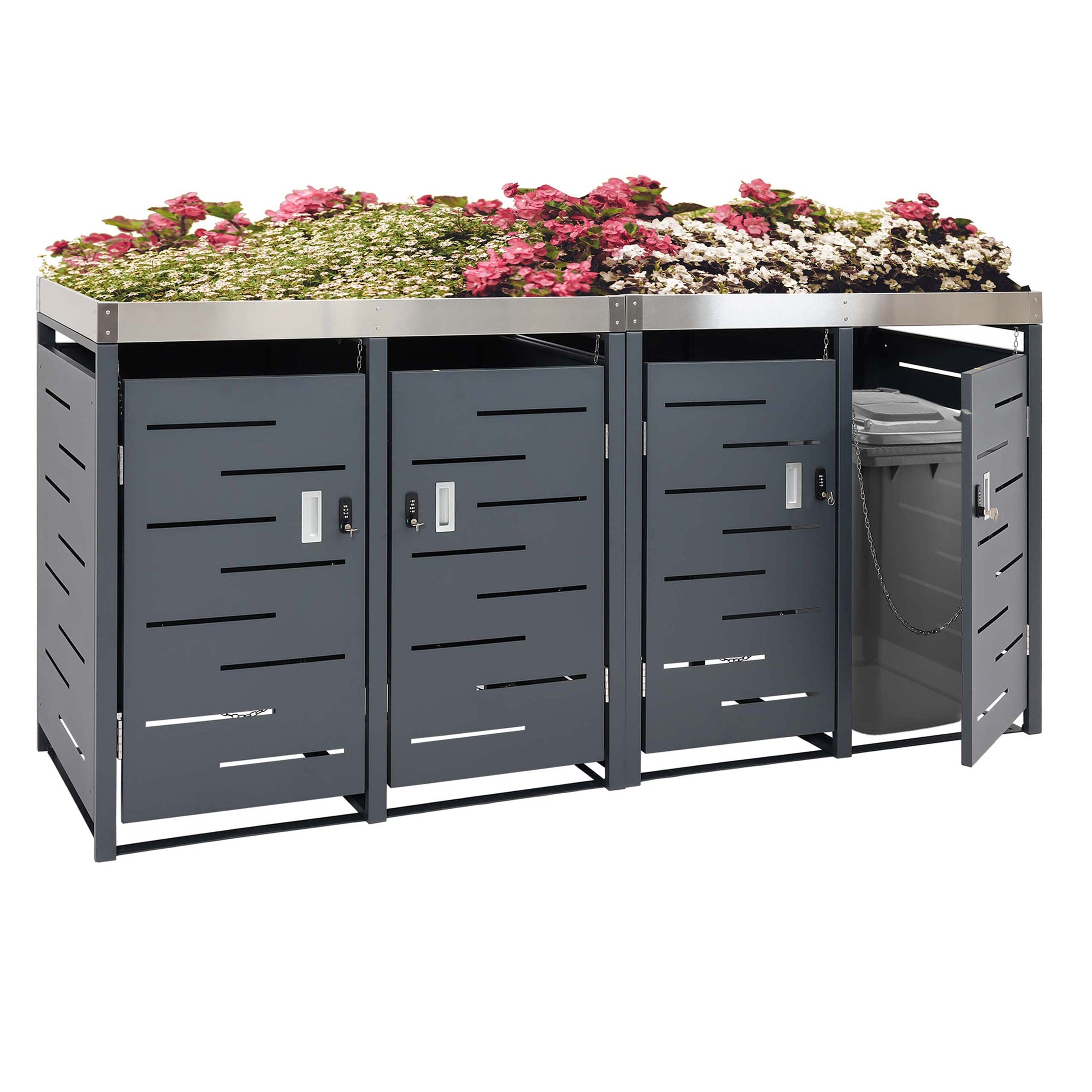 Mendler Juego de 4 cubos de basura HWC-H40b, contenedor de basura, jardinera de acero inoxidable, combi de metal, 78 kg, 101 x 51 x 59 cm, ampliable