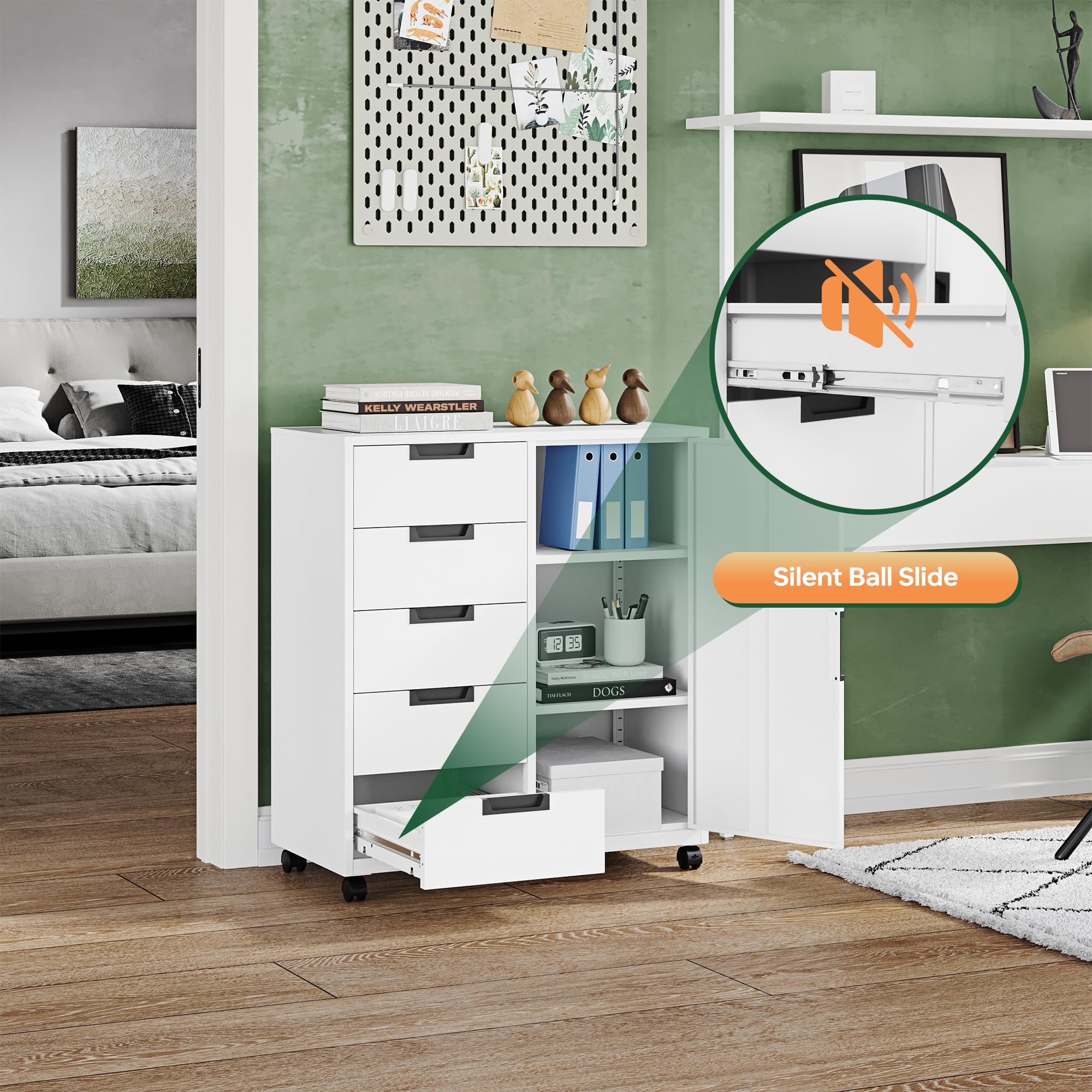 Letaya 5 Drawer Storage Cabinet, Mobile Printer Stand for Home Office,Dresser Chest with Shelves and Door(White)