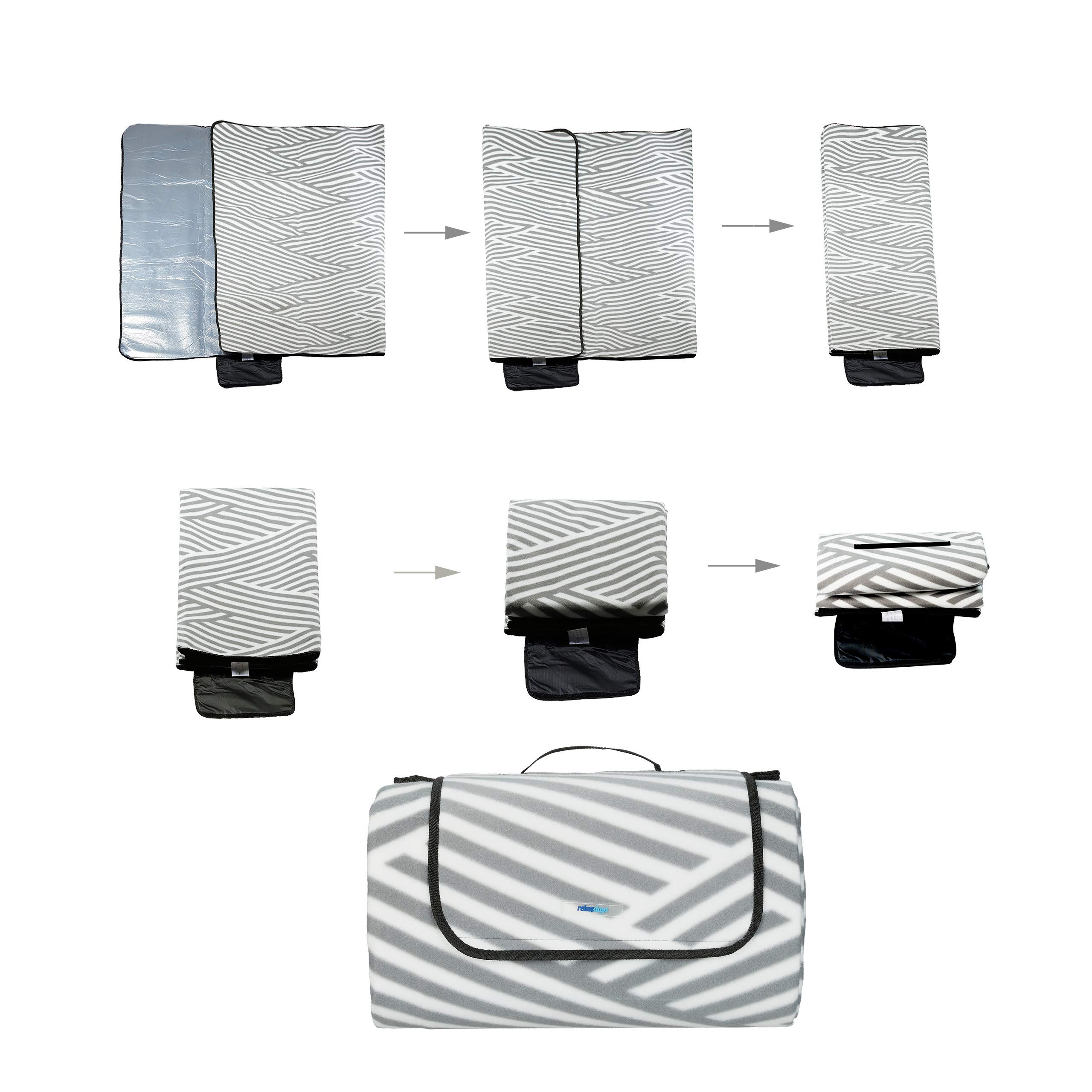 Relaxdays Coperta da Picnic XXL, 200 x 300 cm, Plaid Impermeabile da Spiaggia, Isolante, Telo con Manico, Grigio/Bianco