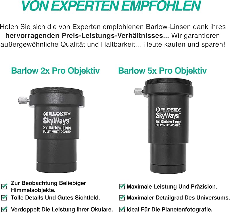 Slokey Barlow Pro 5x Nagyító Lencse Teleszkóphoz - 1,25" Átmérőjű Csillagászati Kiegészítő Bolygók és Égitestek Részletes Megfigyeléséhez