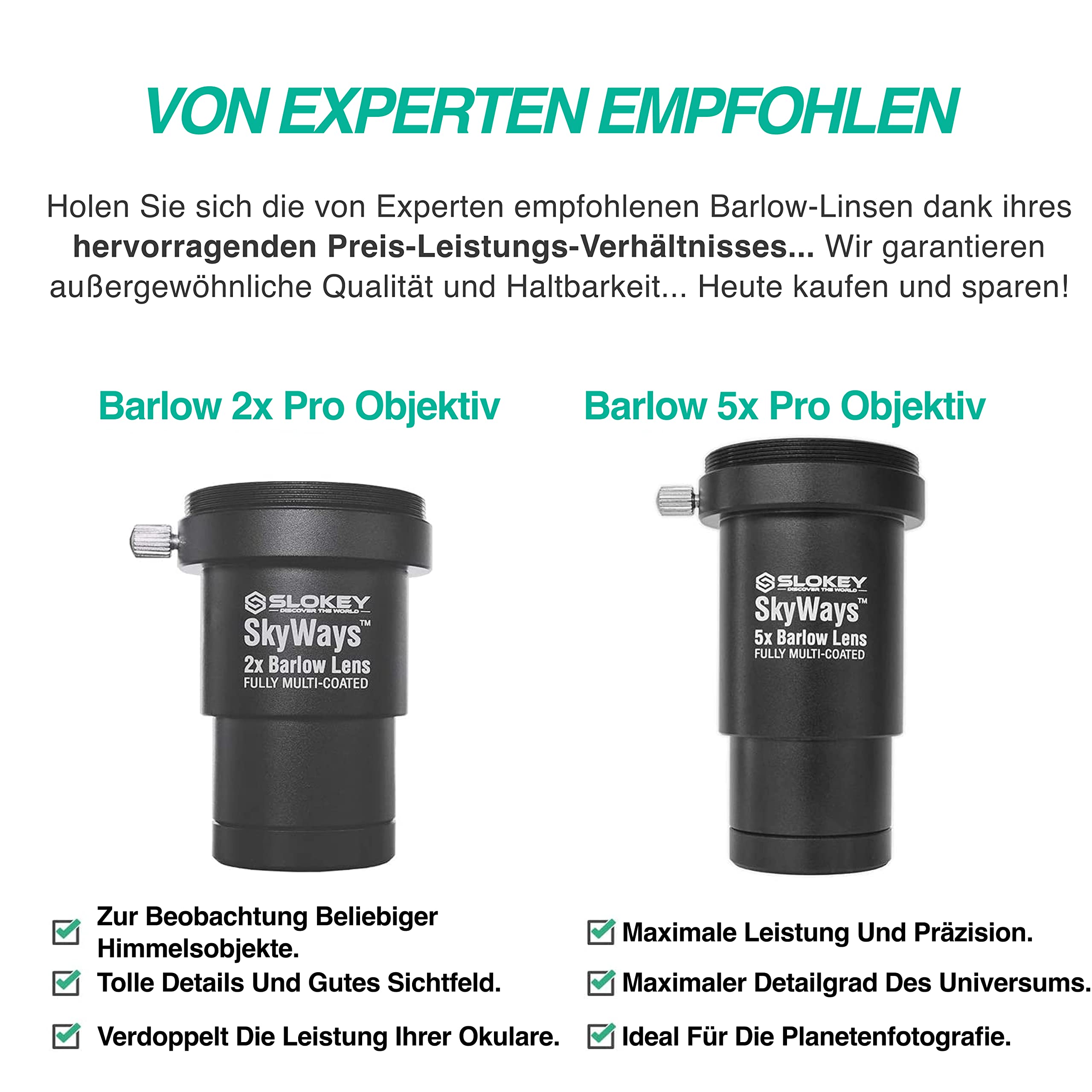 Barlow 2X Pro Slokey SkyWays Achromatisches Objektiv, hochwertige optische Qualität, behandelt mit FMC und Antireflexbeschichtung für EIN klares und helles Bild - Superleicht, kompakt und robust