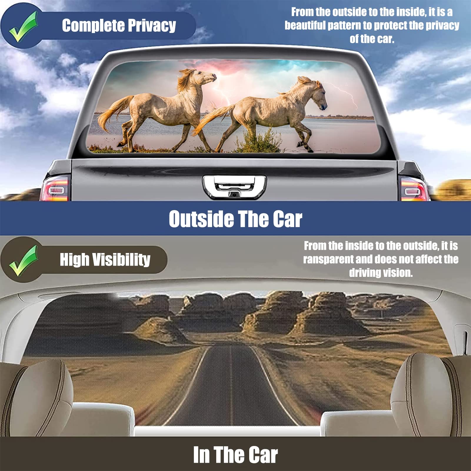Decalcomania adesiva per finestrino posteriore dell'auto, motivo cavallo di destriero, grafica perforata, per camion, finestra, posteriore, SUV, furgone, pickup, lunotto posteriore, 167,6 x 73,7 cm