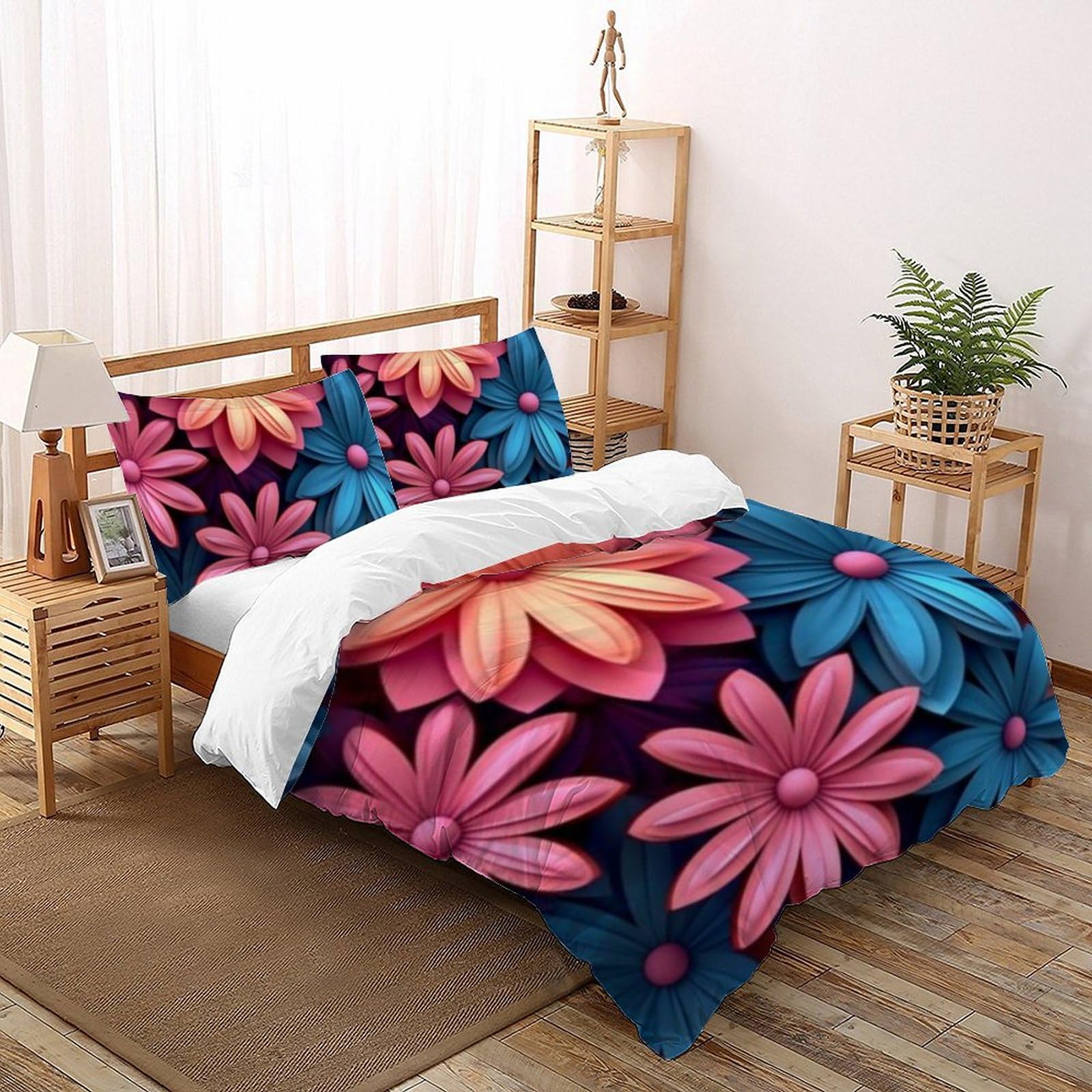 Housse de couette imprimé 3D relief plantes vertes et fleurs roses avec zip