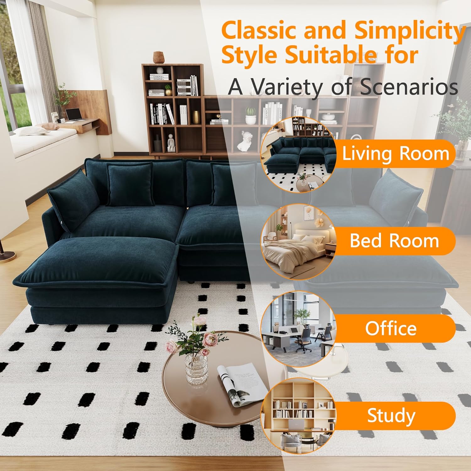 111.5" Chenille Modular Sectional Sofa, Comfy Cloud Couch Sectional Sofa, Modern 3 Seat Couch Deep Seat Sofa, for Living Room, Bedroom, Apartment (Blue, 111.5Inch-U Shape)