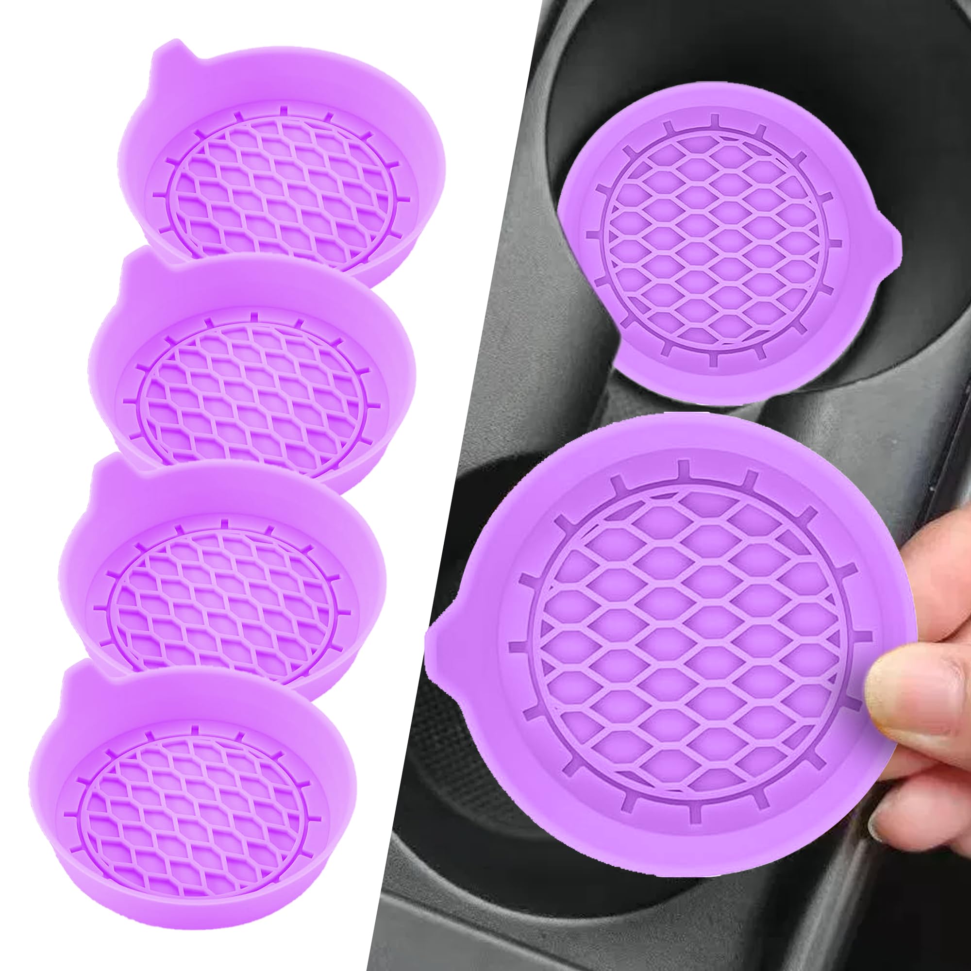 4PCS Car Cup Holder Coasters, Silicone Non-Slip Vehicle Cup Recessed Mats, Sift-Proof Automotive Interior Drink Insert Decor Accessories, Universal for SUV, Sedan, Truck (Purple)