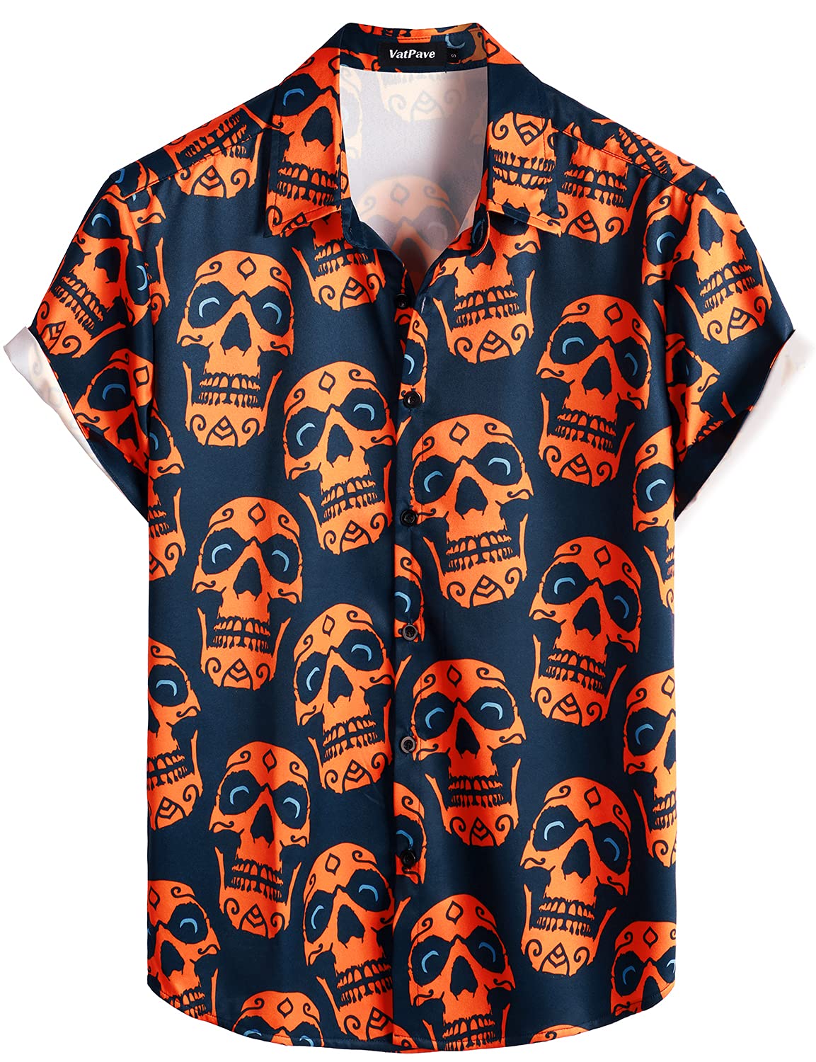 VATPAVEMens Halloween Pumpkins Button Down Short Sleeve Shirts Casual Skull Shirt