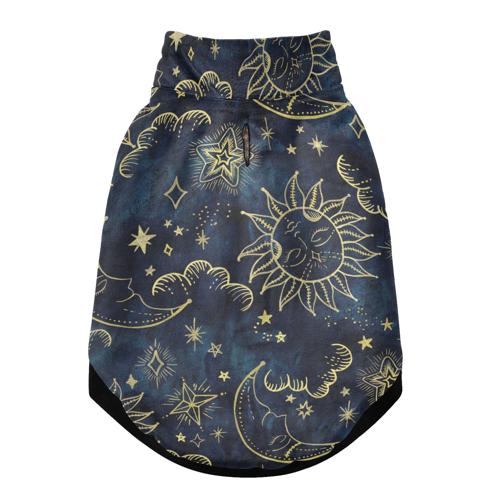 Gold Sun Moon Golden Soleil Cosmos Astrology on Dark Blue Pattern Pet Winter Vest Coat with Hanging Holes, Windproof Fleece Extra Warm Dog Cat Jacket Sweater Clothes Apparel for Cold Weather XS